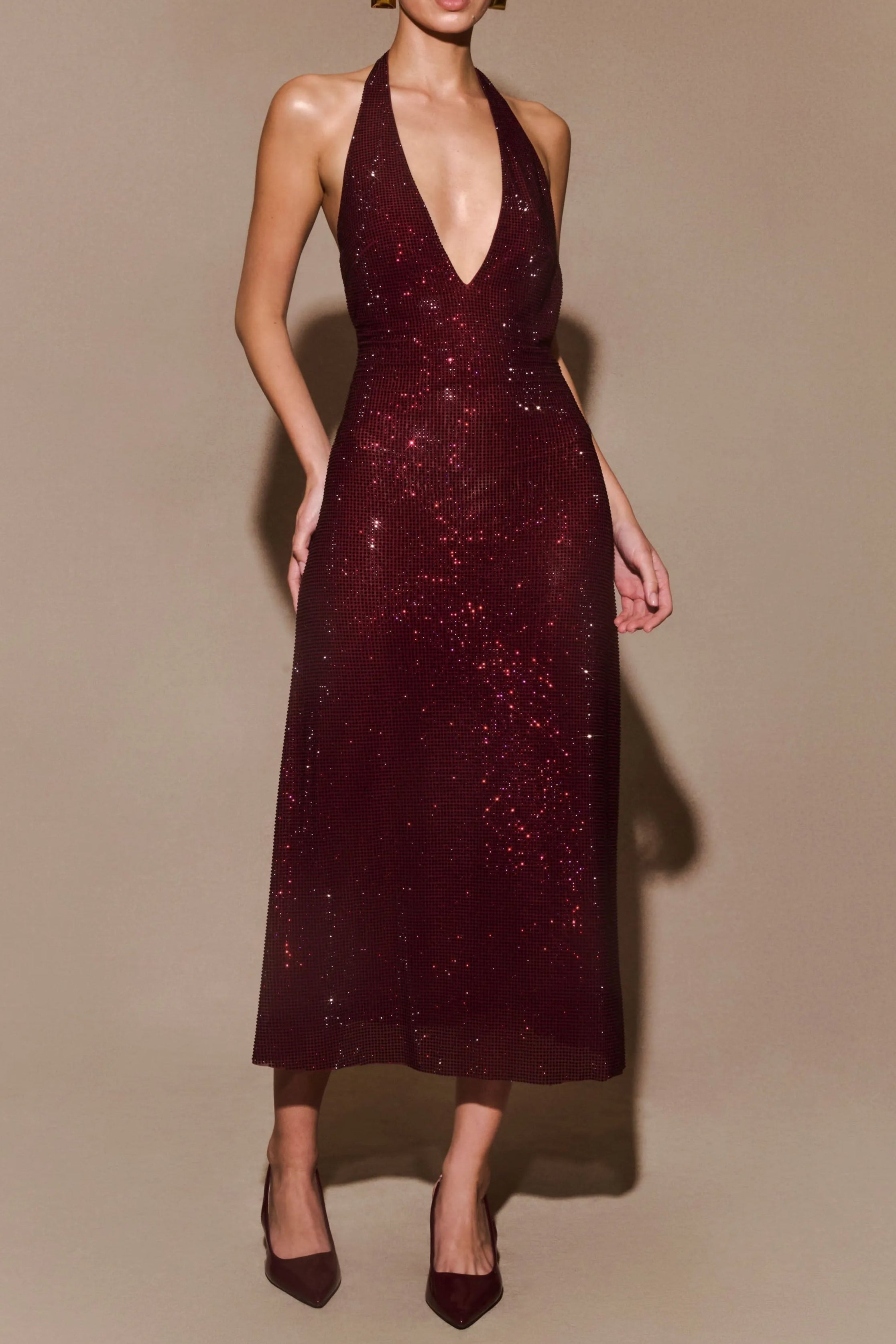 Elegant Diamond Halter Neck Midi Dress for Women - Perfect for Summer Parties, Weddings & Date Nights