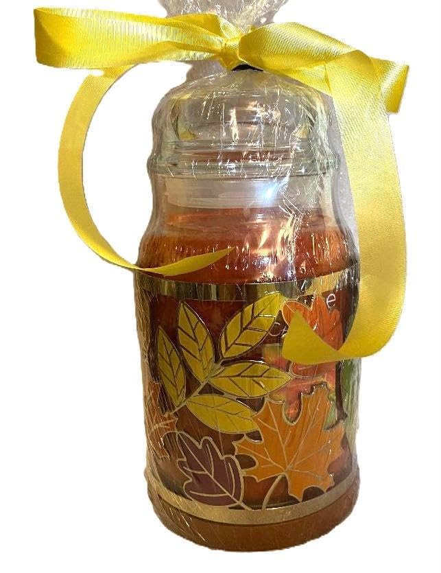 Autumn Leaves Large Classic Jar Candle with Metal Leaves Holder & Wooden Base - 2pc Yankee Candle Gift Set for Fall Home Decor, Thanksgiving Centerpiece & Cozy Ambiance