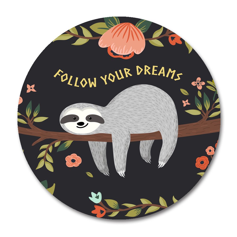 Follow Your Dreams Cute Baby Sloth on Tree Round Mouse Pad - Soft Gaming & Office Desk Accessory for Computer, Laptop, Workstation