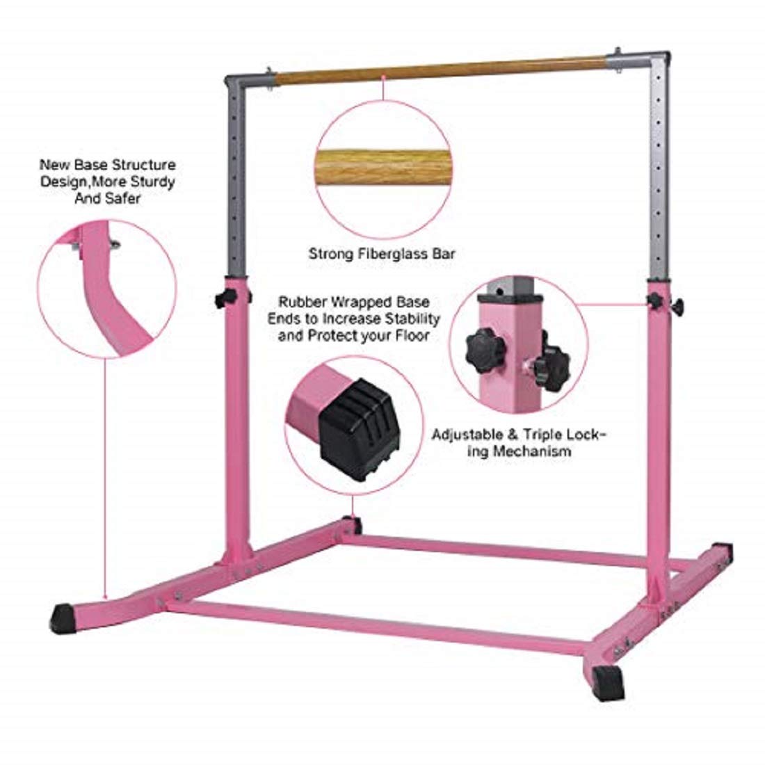 Professional Adjustable Gymnastics Training Bar - 13-Level Height (3-5 FT) with Cushioned Kip Bar & Curved Legs - Junior Horizontal/Asymmetric Bar for Home Gym (Pink) - Perfect for Kids' Gymnastics Practice, Strength Training & Indoor Fitness
