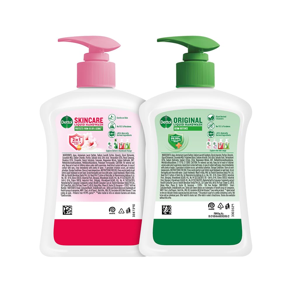 Dettol Antibacterial Hand Wash Pump Dispenser - Pack of 2 (Buy 1 Get 1 Free) | Kills 99.9% Germs | Refillable for Home, Office & Bathroom Use
