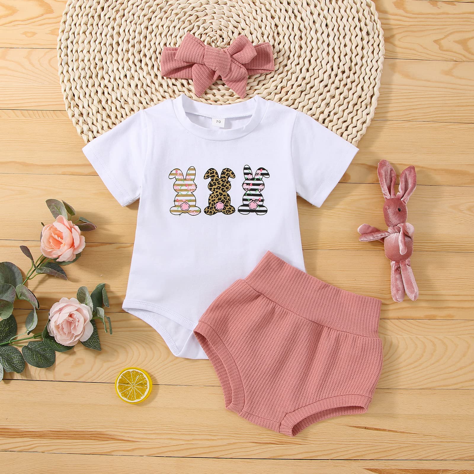 3Pcs Newborn Baby Girl Easter Outfit - Bunny Romper Bodysuit with Short Sleeves, Waffle Shorts & Headband Set - Perfect for Easter Photos, Spring Celebrations & Family Gatherings