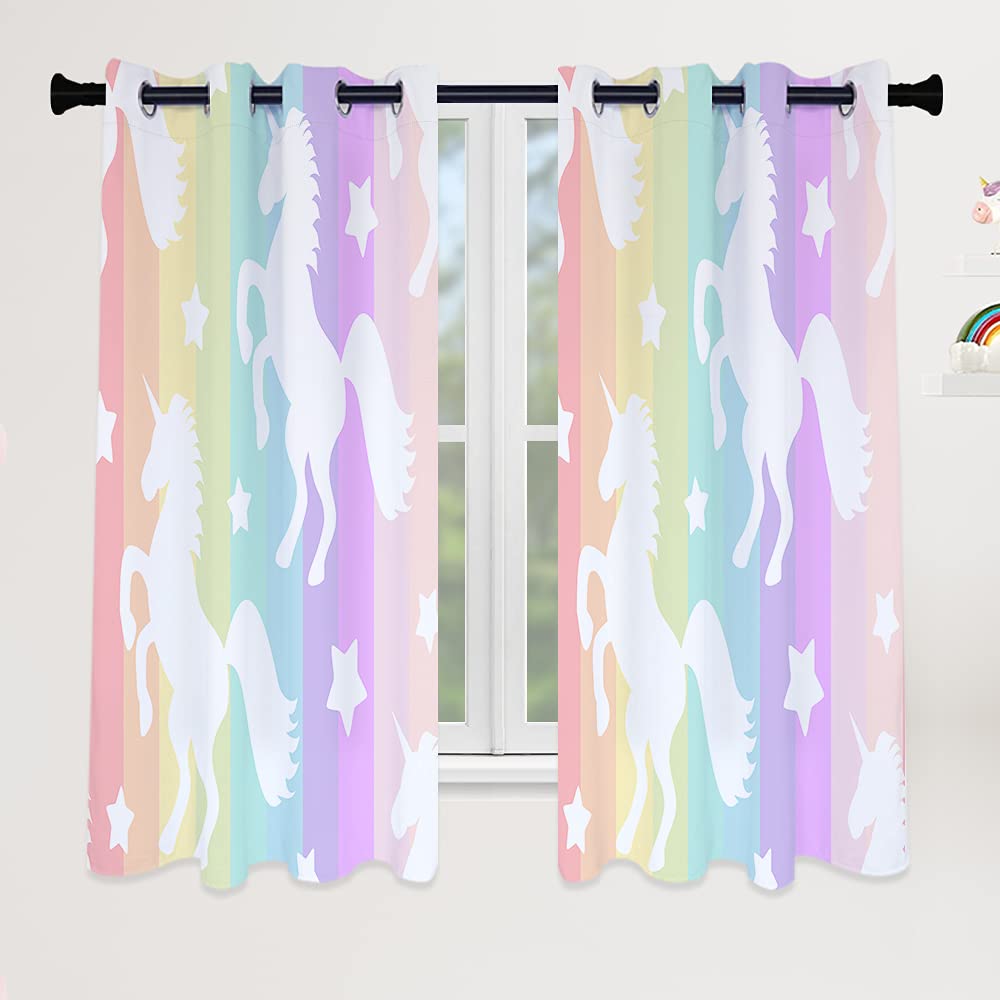 Unicorn Blackout Curtains for Girls Bedroom - 2 Panel Set (53x45 inch) | Rainbow Stars Design | Kids Room Darkening Drapes for Small Windows | Nursery, Living Room & Bedroom Decor | Cute Unicorn Theme for Better Sleep & Light Blocking