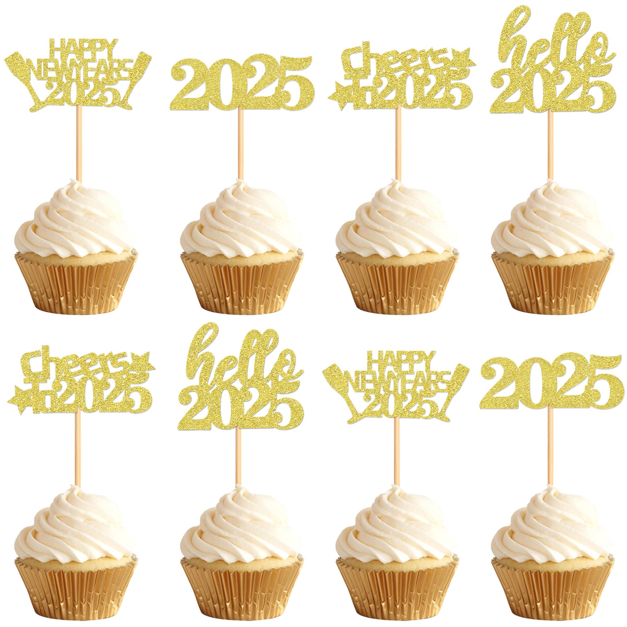 40 Pcs Gold Glitter New Year Cupcake Toppers 2025 - Cheers to 2025 Cake Picks for New Year's Eve Party Decorations - Perfect for Birthday, Wedding & Holiday Celebrations