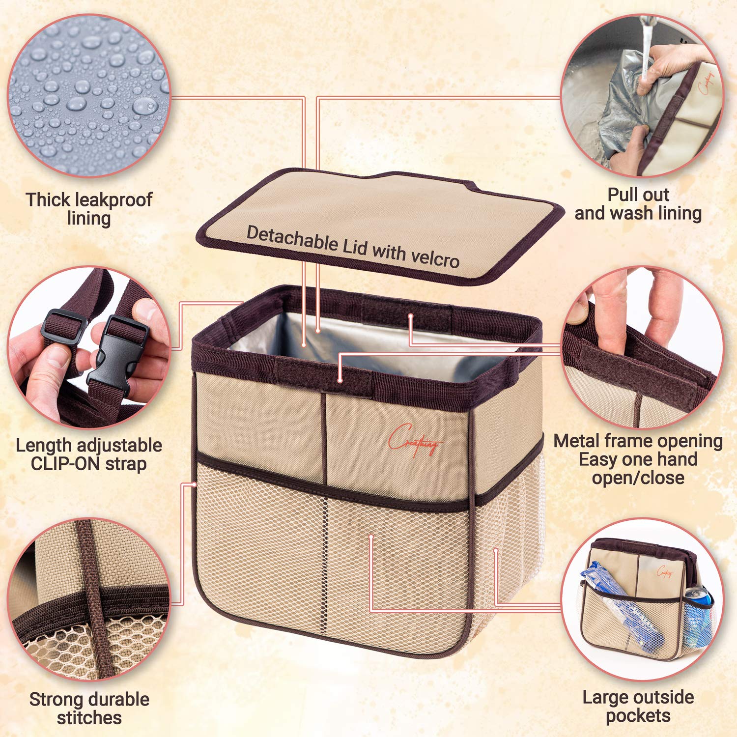 Creathing Heavy-Duty Car Trash Can with Leakproof Liner - 2 Gallon Auto Garbage Bin for Cars, Trucks & SUVs | Hangs on Console, Floor or Seat | Perfect for Road Trips, Commuting & Family Travel (Beige)