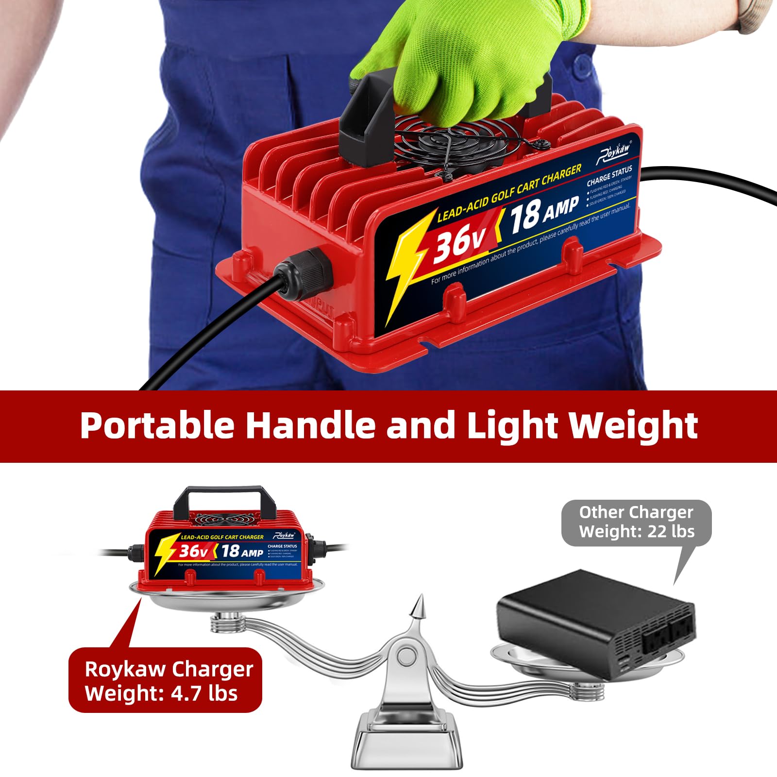 Roykaw 18 Amp 36 Volt Golf Cart Battery Charger - Compatible with EZGO TXT Electric Models, Lead Acid Battery Charger with D Type Plug - Replacement for Powerwise 36v Golf Cart Charger - Perfect for Home, Golf Course & RV Use