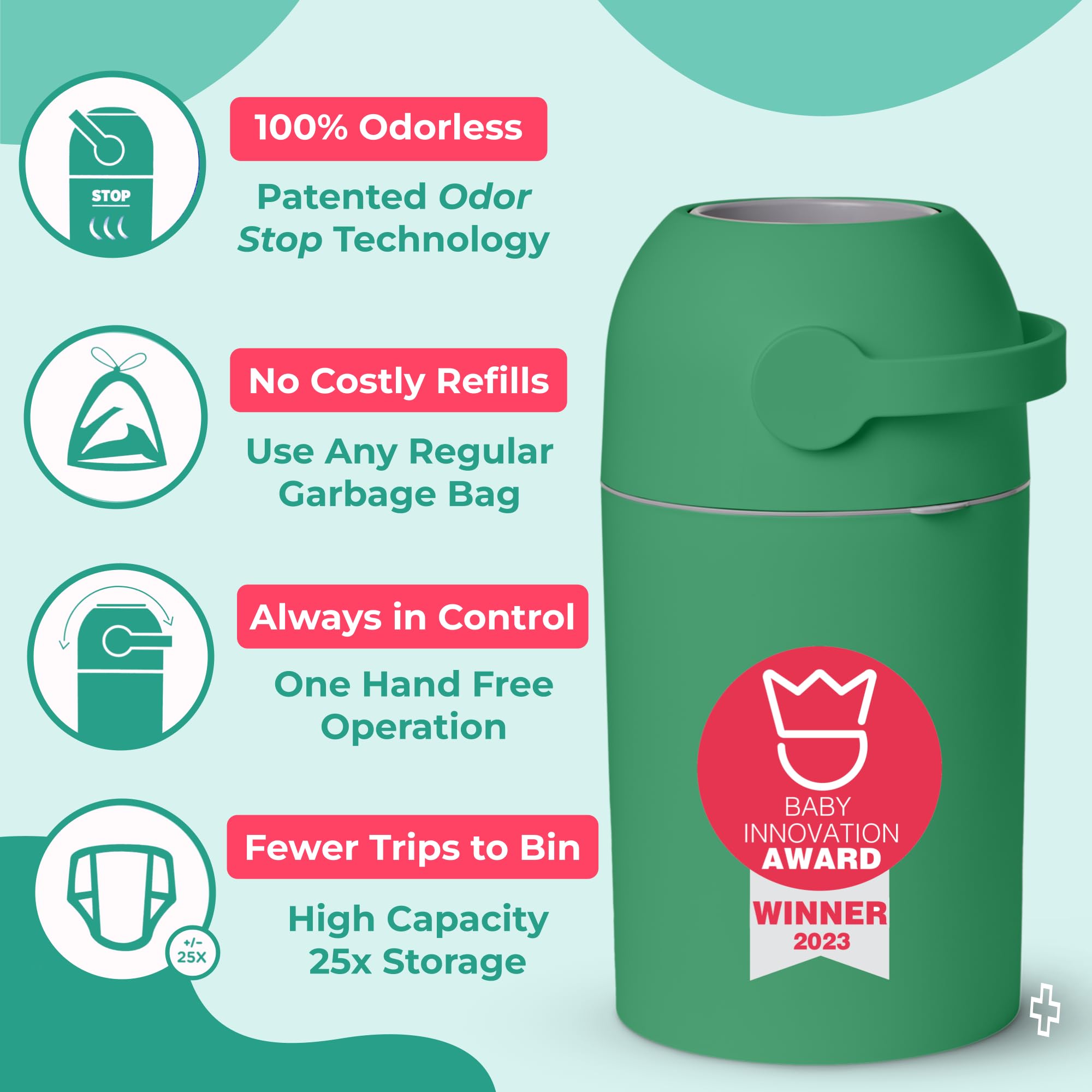 Magic Baby Diaper Pail with Patented Odor-Lock Technology - Hands-Free Step Lever, Fits Any Trash Bags, Includes 1 Roll Refill (Grass Green) - Perfect for Nursery, Daycare & Baby Changing Stations
