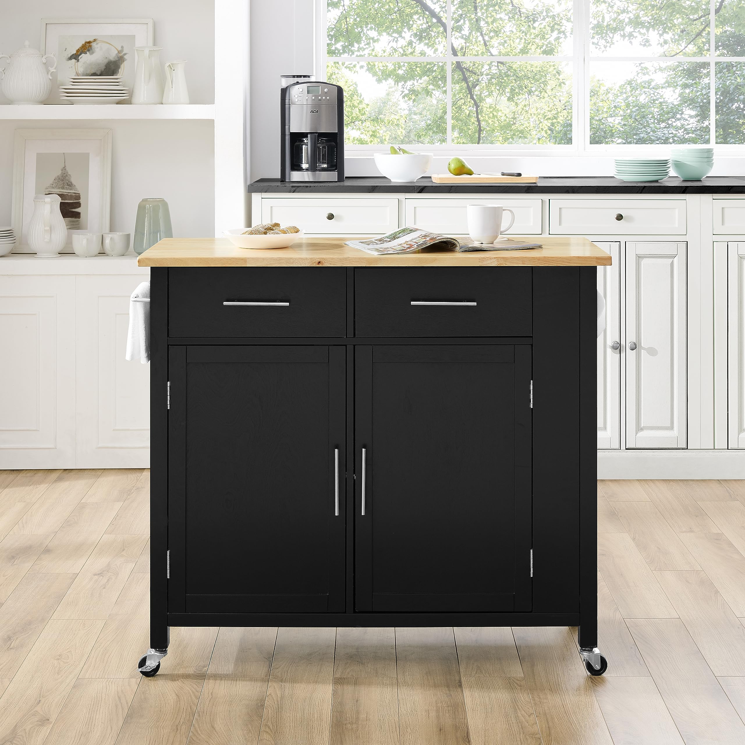 Crosley Savannah Wood Top Rolling Kitchen Island Cart with Shelves & Drawers - Black | Microwave Stand & Storage Solution for Small Kitchens, Apartments & Dining Areas