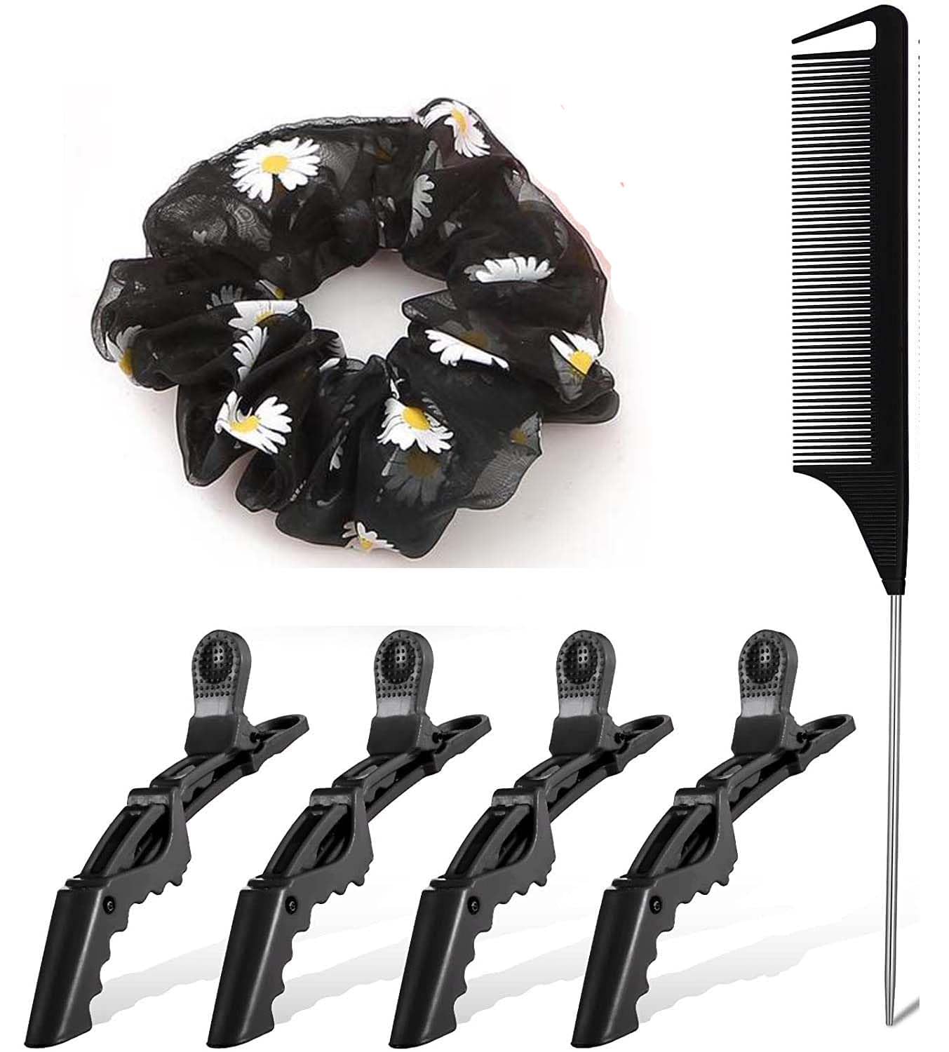4Pcs Professional Non-Slip Duck Bill Hair Sectioning Clips - Salon Hairstyling Alligator Clips with Tail Comb & Hair Bands - Haircut Accessories for Women & Stylists - Perfect for Blowouts, Coloring & Hair Styling at Home or Salon