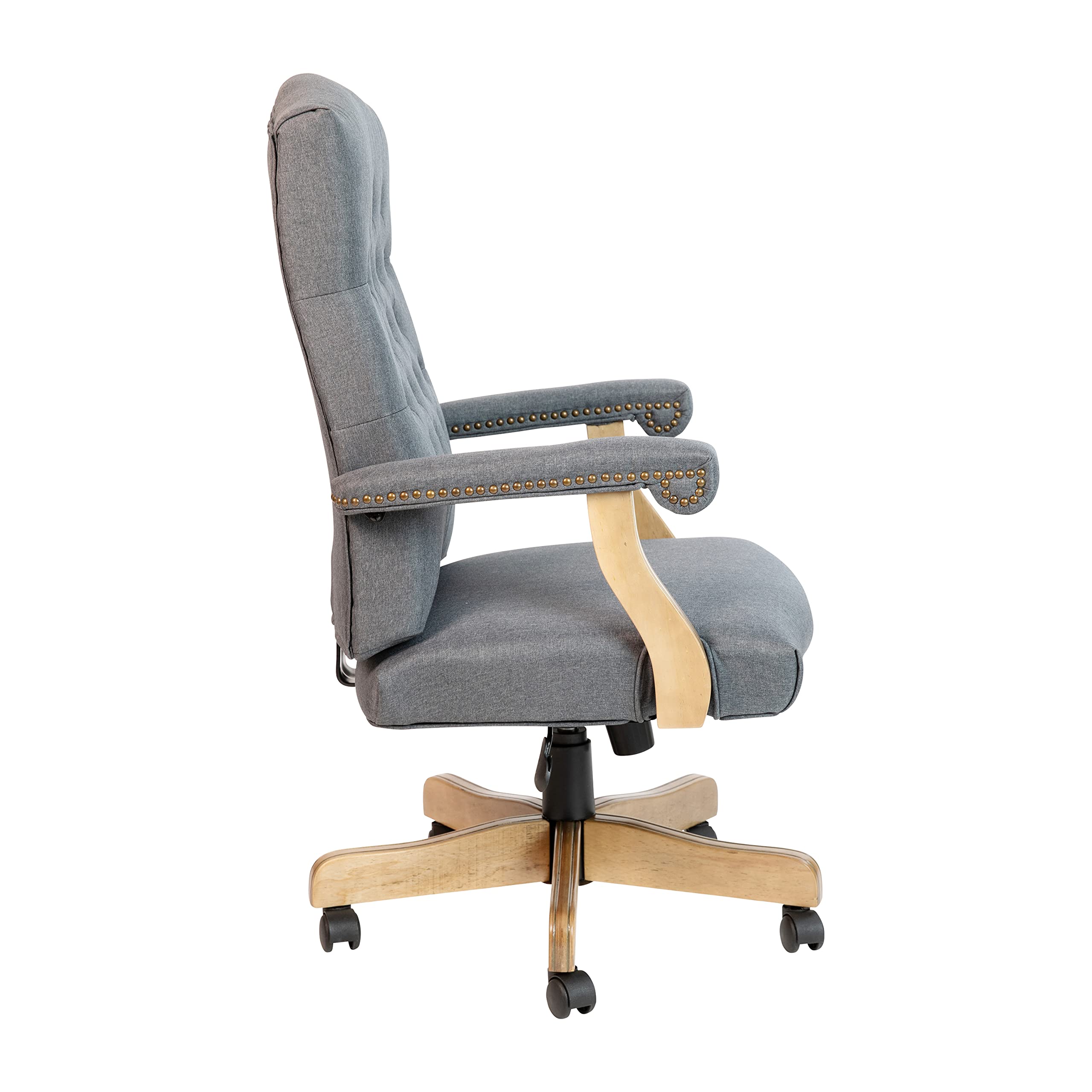 Ergonomic Gray Fabric Tufted Swivel Office Chair with Driftwood Base - Comfortable Traditional Desk Chair for Home Office, Study & Workspace - Adjustable Height & 360° Rotation for Productivity