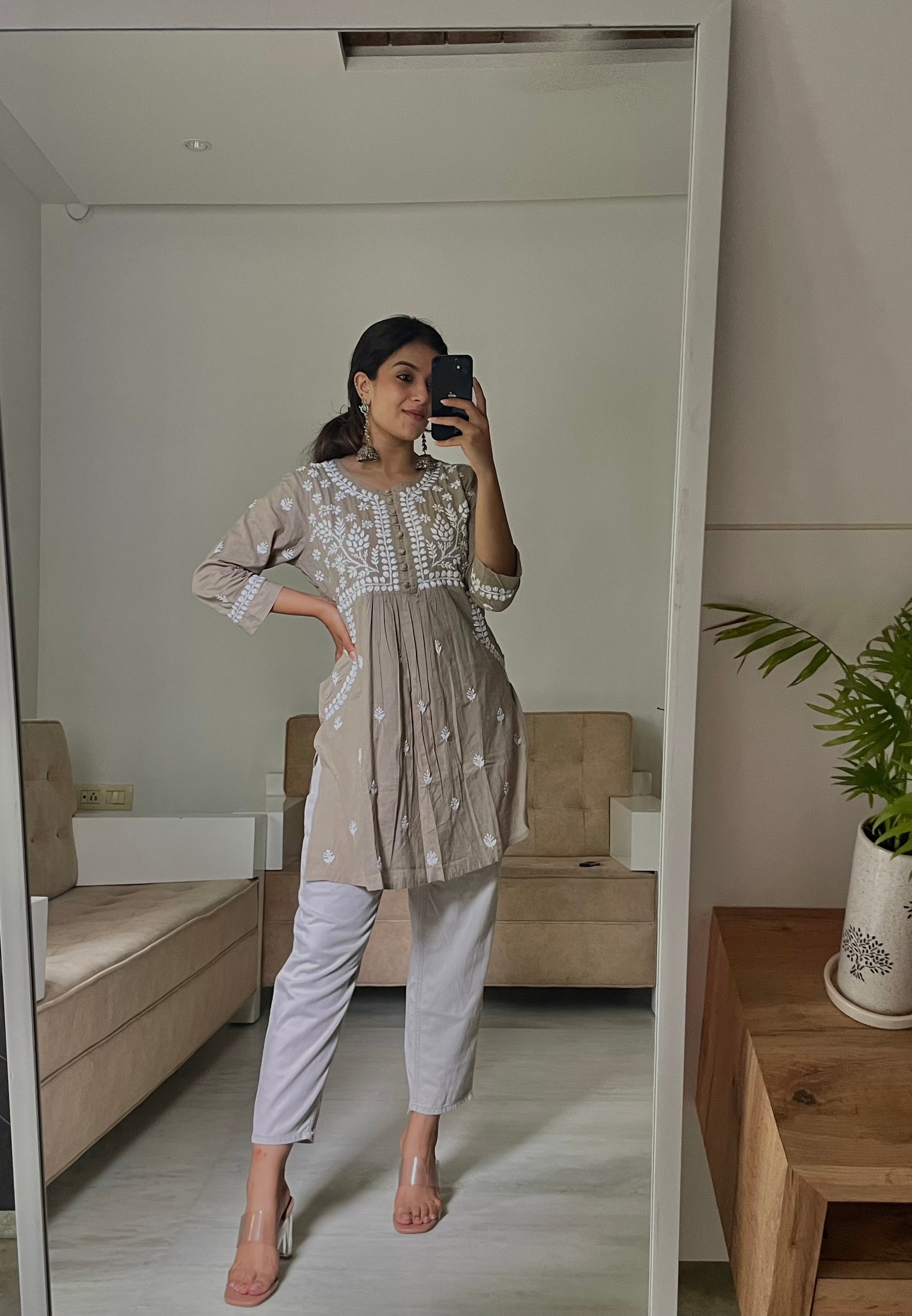 Chikankari Hand Embroidered Brown Tunic Top for Women | Traditional Indian Kurti | Perfect for Festivals, Parties & Casual Wear