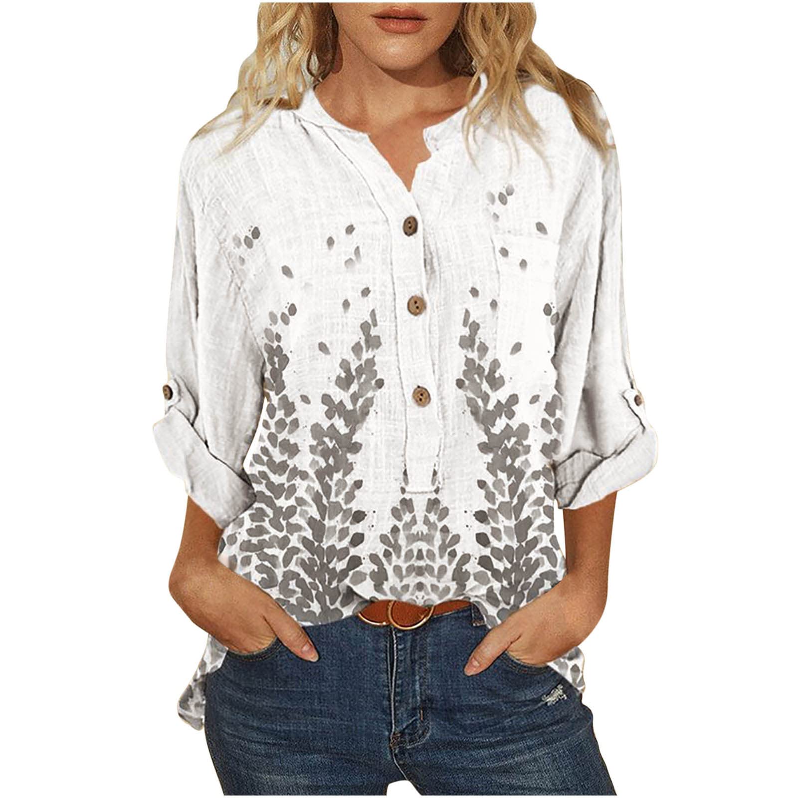 Women's Vintage Print Long Sleeve V-Neck Button Down Blouse - Loose Casual Roll-Up Sleeve Tops for Work, Date Night & Everyday Wear