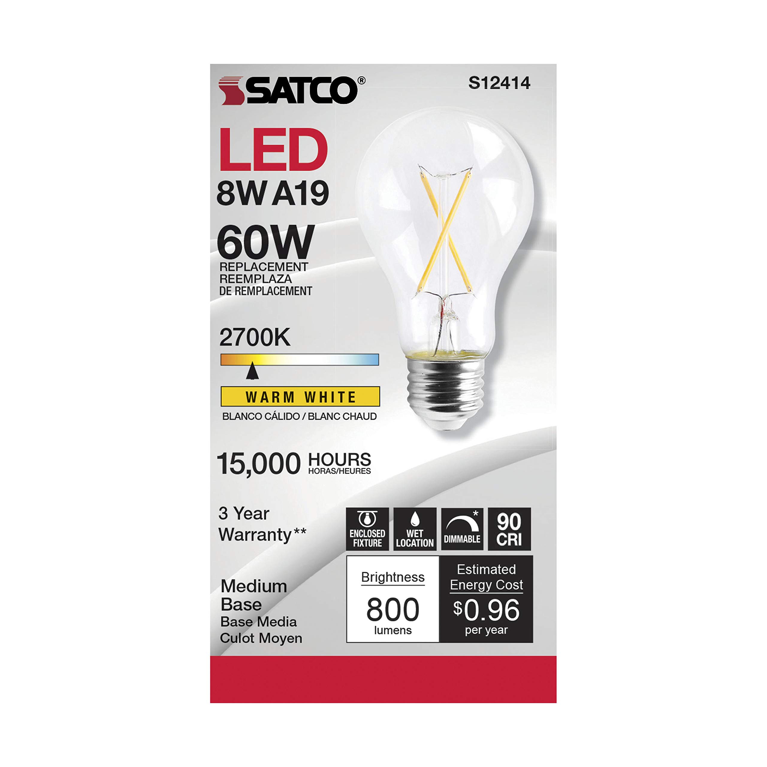 Satco S12414 Dimmable LED Filament Light Bulbs - 8W A19, 2700K Warm White, 90 CRI, 120V - High Lumen Energy Efficient Clear Glass Bulb with Medium Base - Perfect for Home, Hotel, Retail & Office Lighting (Pack of 24)