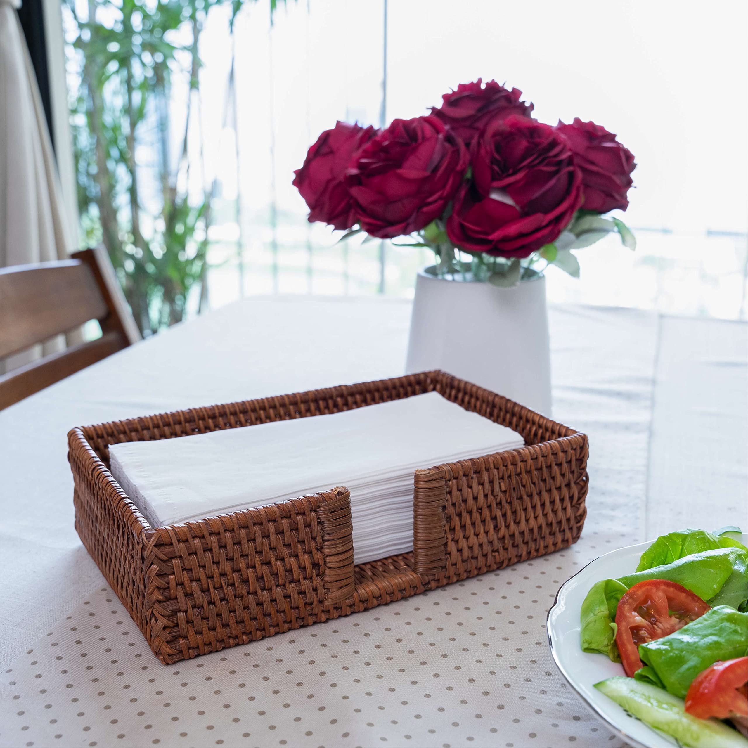 Dark Brown Rattan Bathroom Towel Holder - 9.4 x 5.9 x 2.4 Inch Wicker Tissue Paper Storage Basket for Guest Towels, Napkins & Luncheon Supplies | Perfect for Toilet Tank, Kitchen Countertop & Bathroom Organization