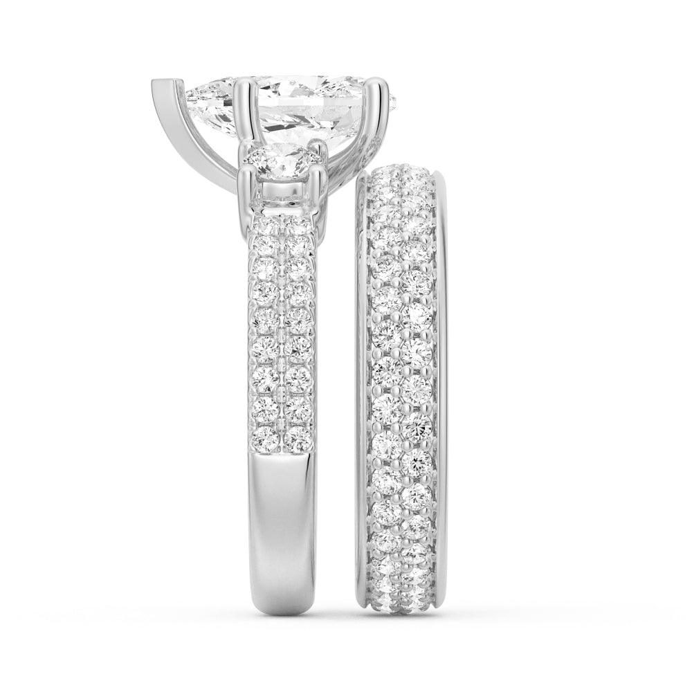 Exquisite Pear Shaped Moissanite Engagement Ring - Double Row Pave Three Stone Design | Perfect for Proposals, Weddings & Anniversary Gifts