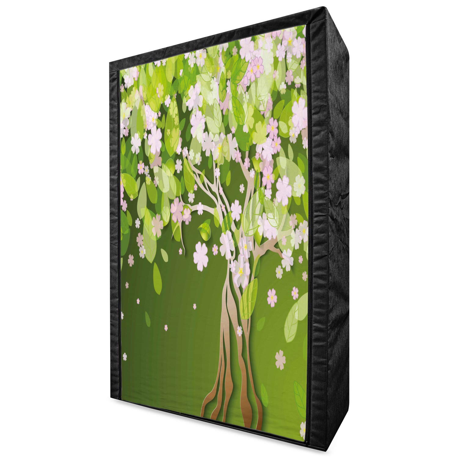 Ambesonne Floral Portable Fabric Wardrobe - Spring Blossom Tree Print Clothing Organizer with Shelves, 42.5 Inch, Fern Green & Pale Pink - Perfect for Bedroom Closet Storage, Dorm Room Organization, and Seasonal Wardrobe Rotation