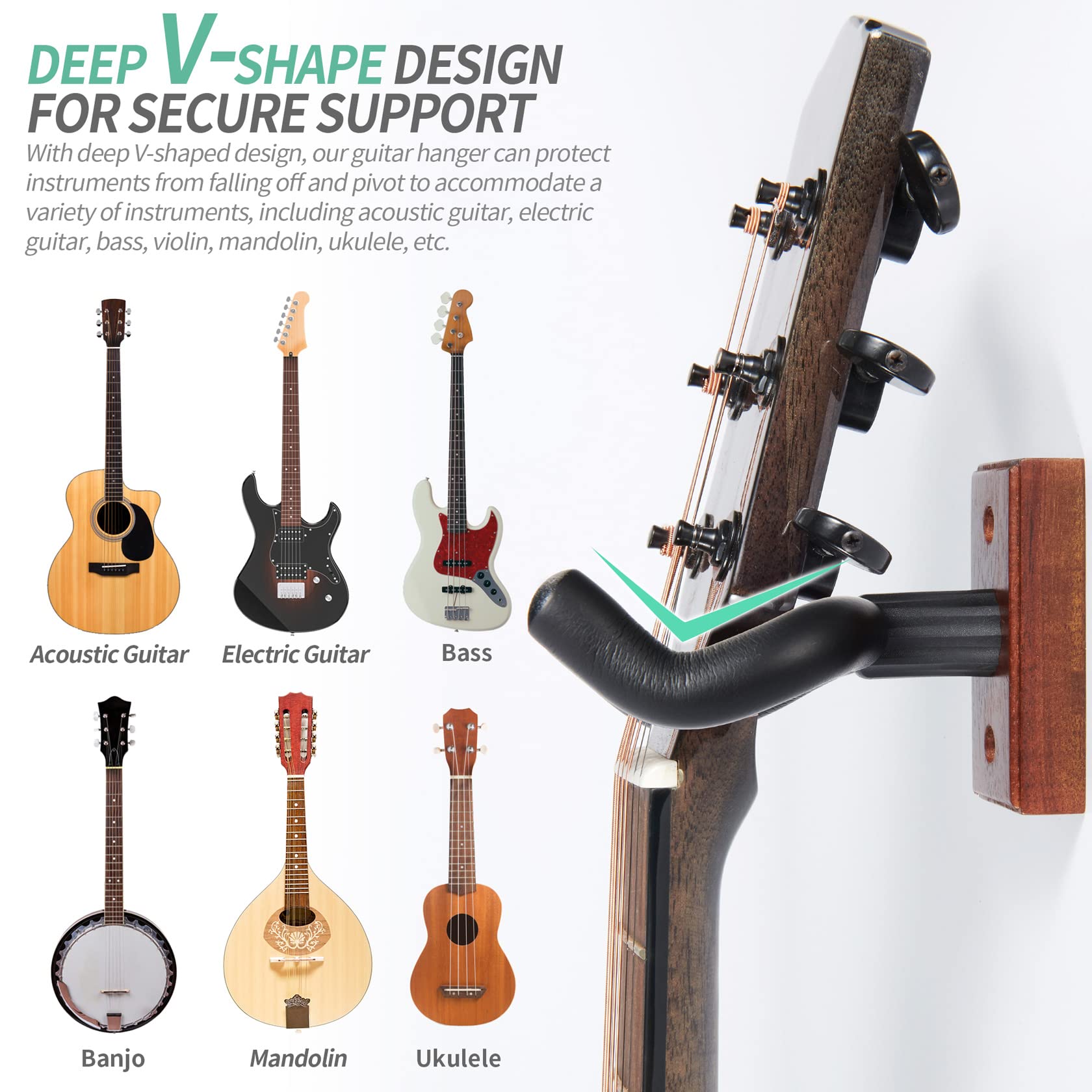 WOGOD Solid Wood Guitar Wall Mount Hanger Holder - Secure Storage for Acoustic, Electric, Bass Guitars & Ukuleles - Space-Saving Wall Stand for Bedroom, Studio, or Music Room Decor