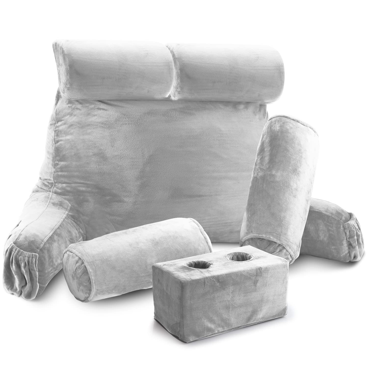 Nestl Double Reading Pillow for Bed - Adjustable Backrest Pillow with Arms & Shredded Memory Foam Support - Includes 2 Neck Roll & 2 Lumbar Pillows - Silver Gray - Perfect for Reading, Watching TV, or Relaxing in Bed