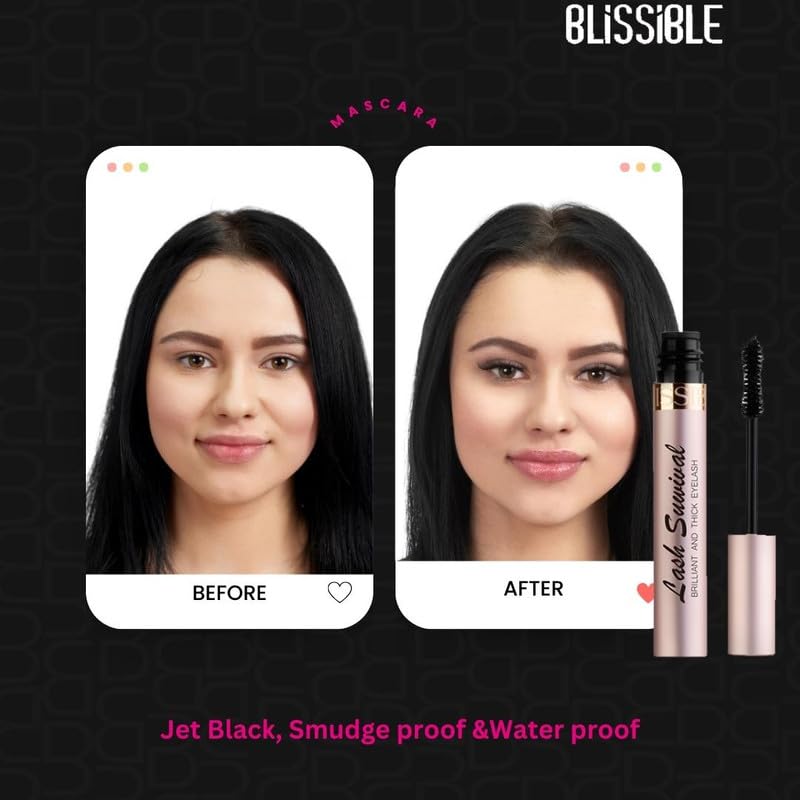 Blissible Voluminous & Thicker Lash Survival Mascara - Long Lasting Waterproof Smudge Proof Curling Mascara for Eye Makeup - 18 Hour Wear - 8ml Black (01) - Perfect for Daily Use, Parties, Weddings & Special Occasions