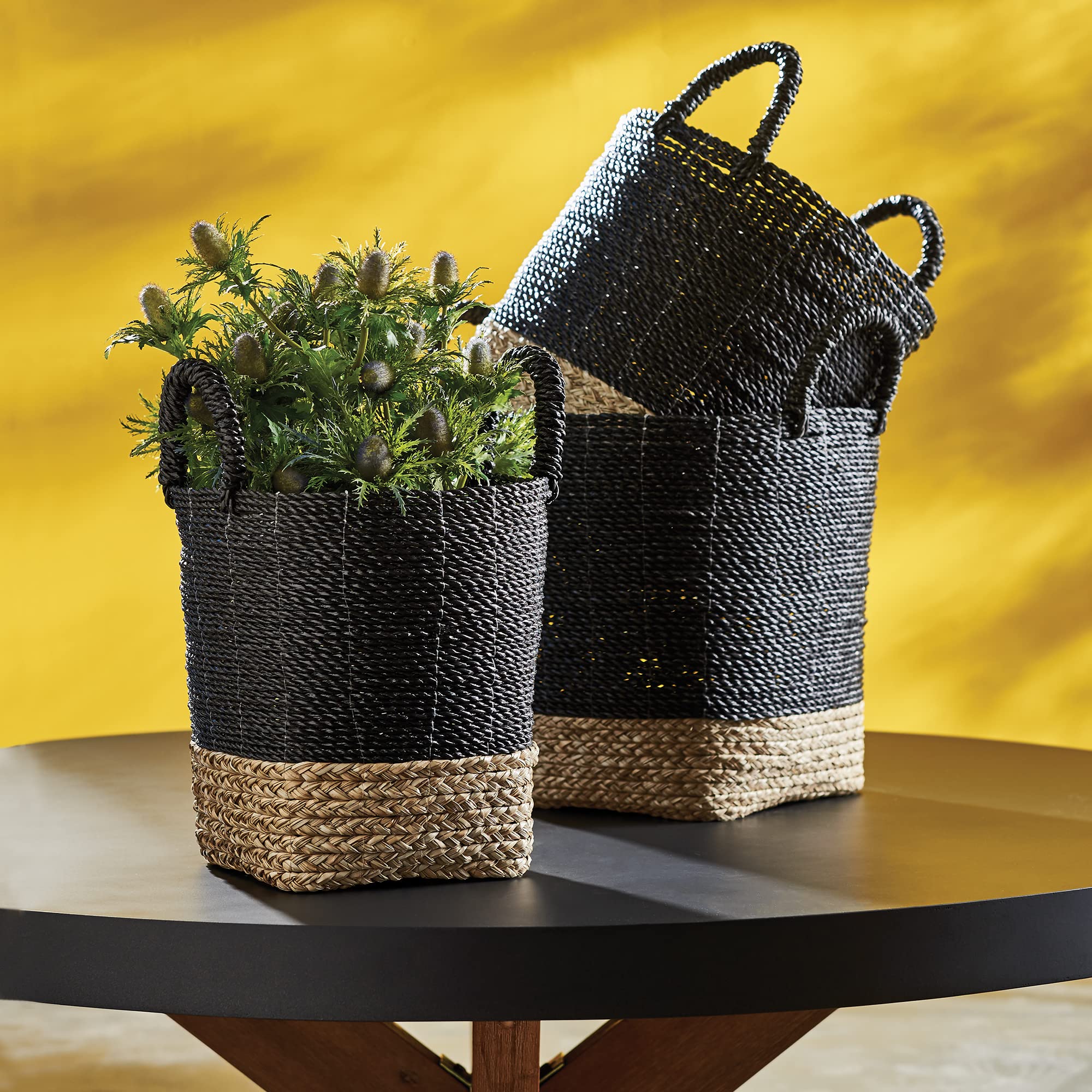 Napa Home & Garden Madura Market Baskets - Set of 3 (Black/Natural) - Stylish Storage for Farmers Market, Picnics & Home Decor