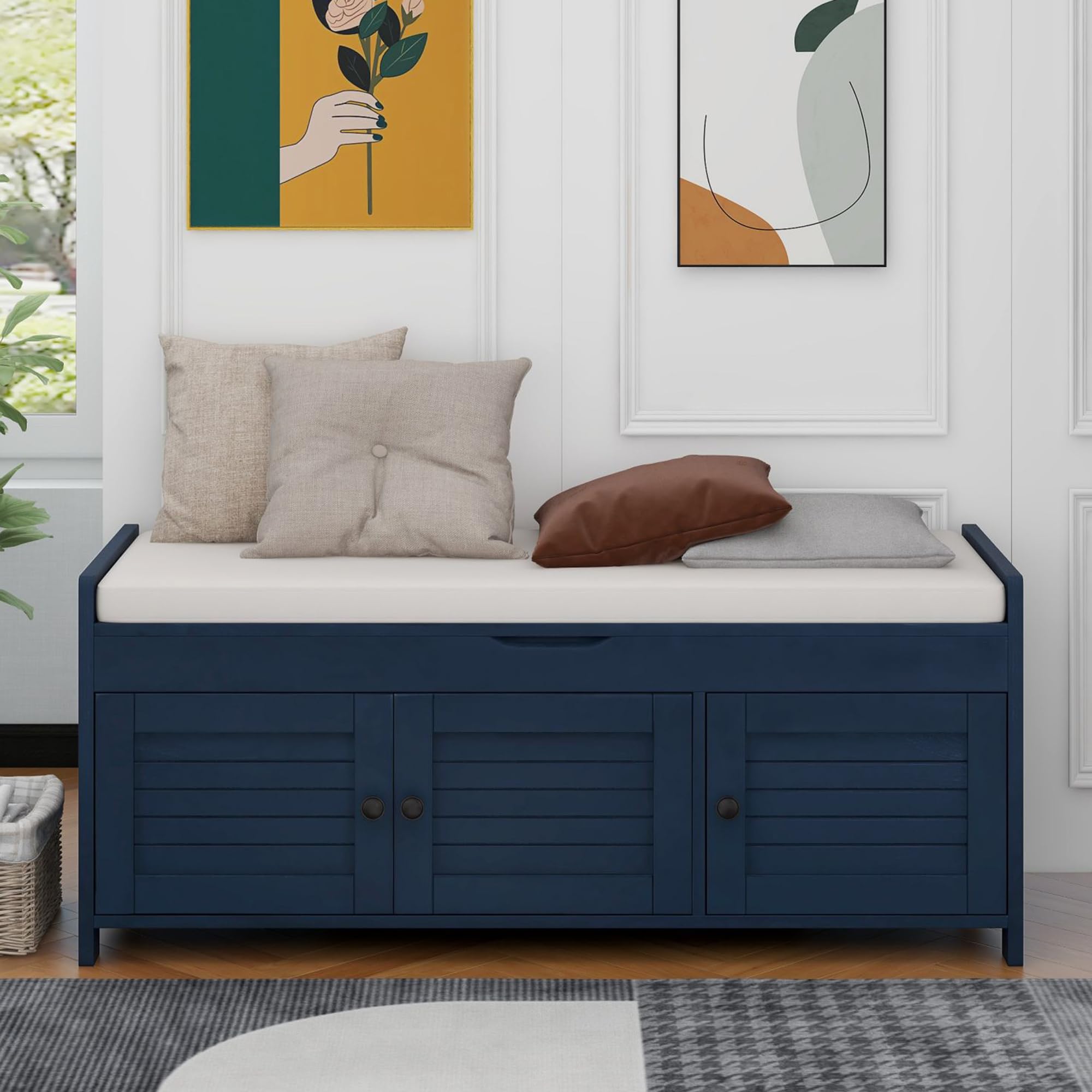 P PURLOVE Storage Bench with Removable Cushion - 3 Shutter Doors & Hidden Compartment - Entryway Bench for Living Room, Hallway, Bedroom - Antique Navy Home Decor for Shoes, Blankets & Seasonal Storage