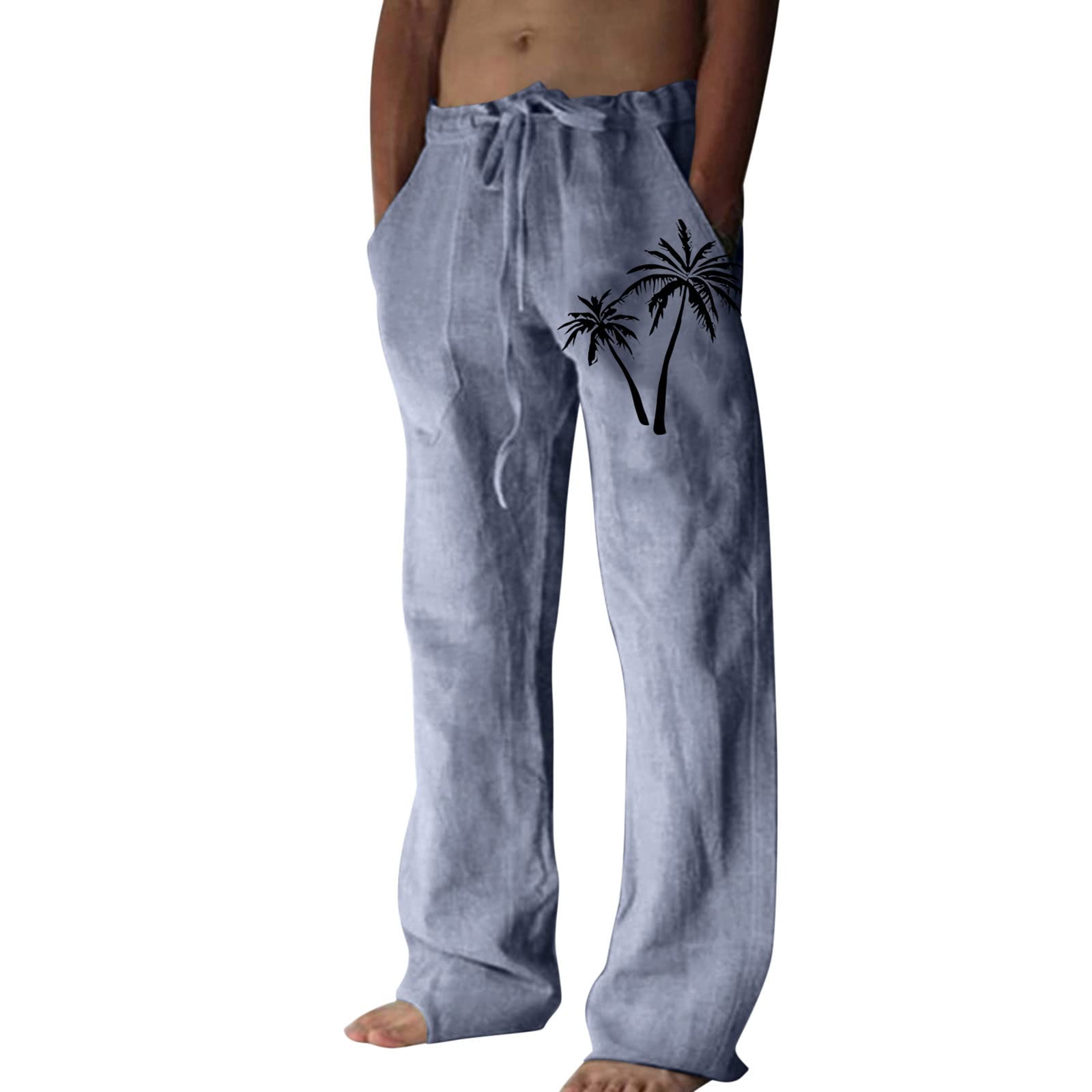 Men's Cotton Linen Casual Pants - Summer Wide Leg Beach Pants with Elastic Waist | Loose Jogger Sweatpants for Yoga, Lounge & Outdoor Activities