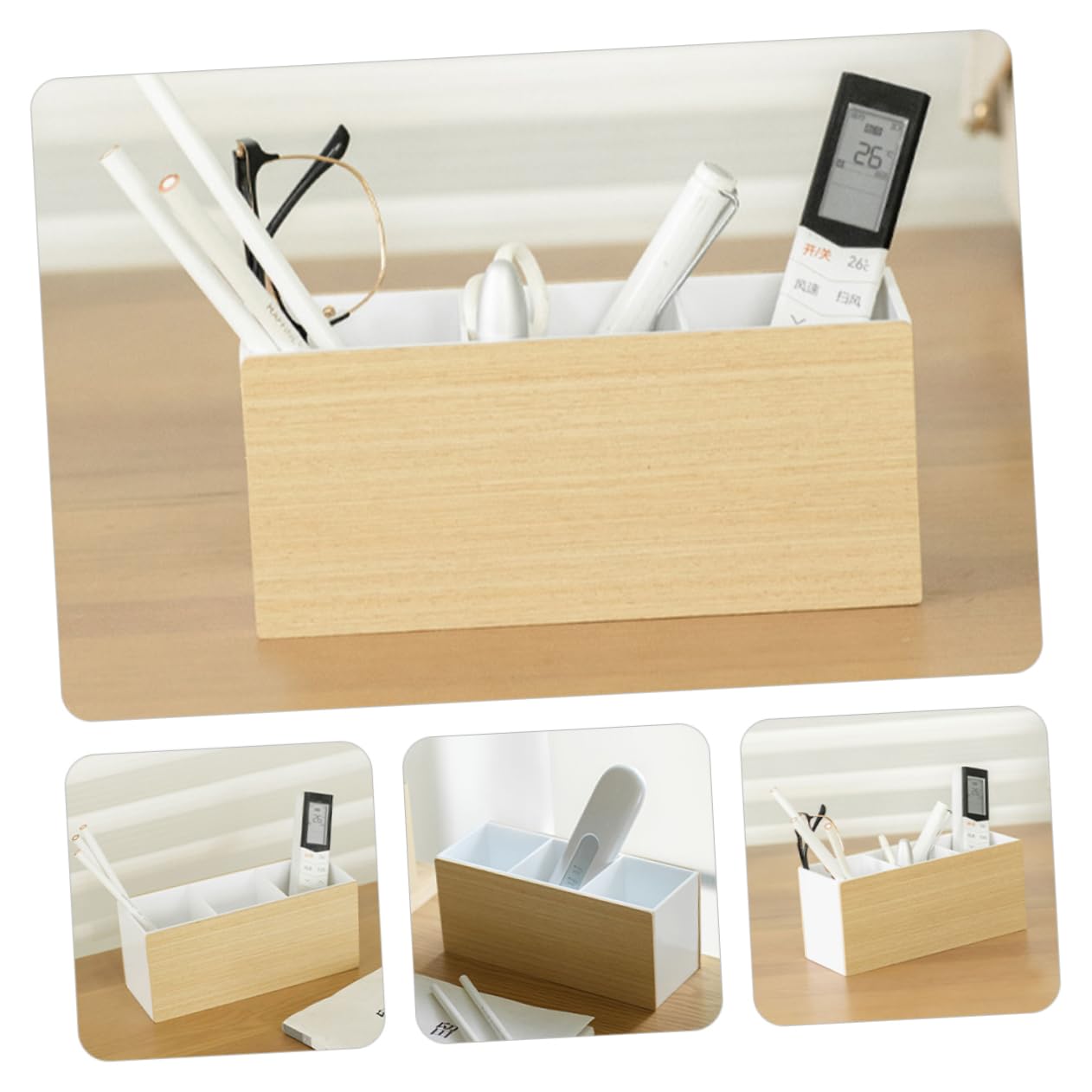 DOITOOL Wooden Desktop Organizer with Storage Box - Bathroom Brush Holder, Office Tray & Makeup Organizer for Vanity, Pet Grooming Supplies - Perfect for Home, Office & Salon Organization
