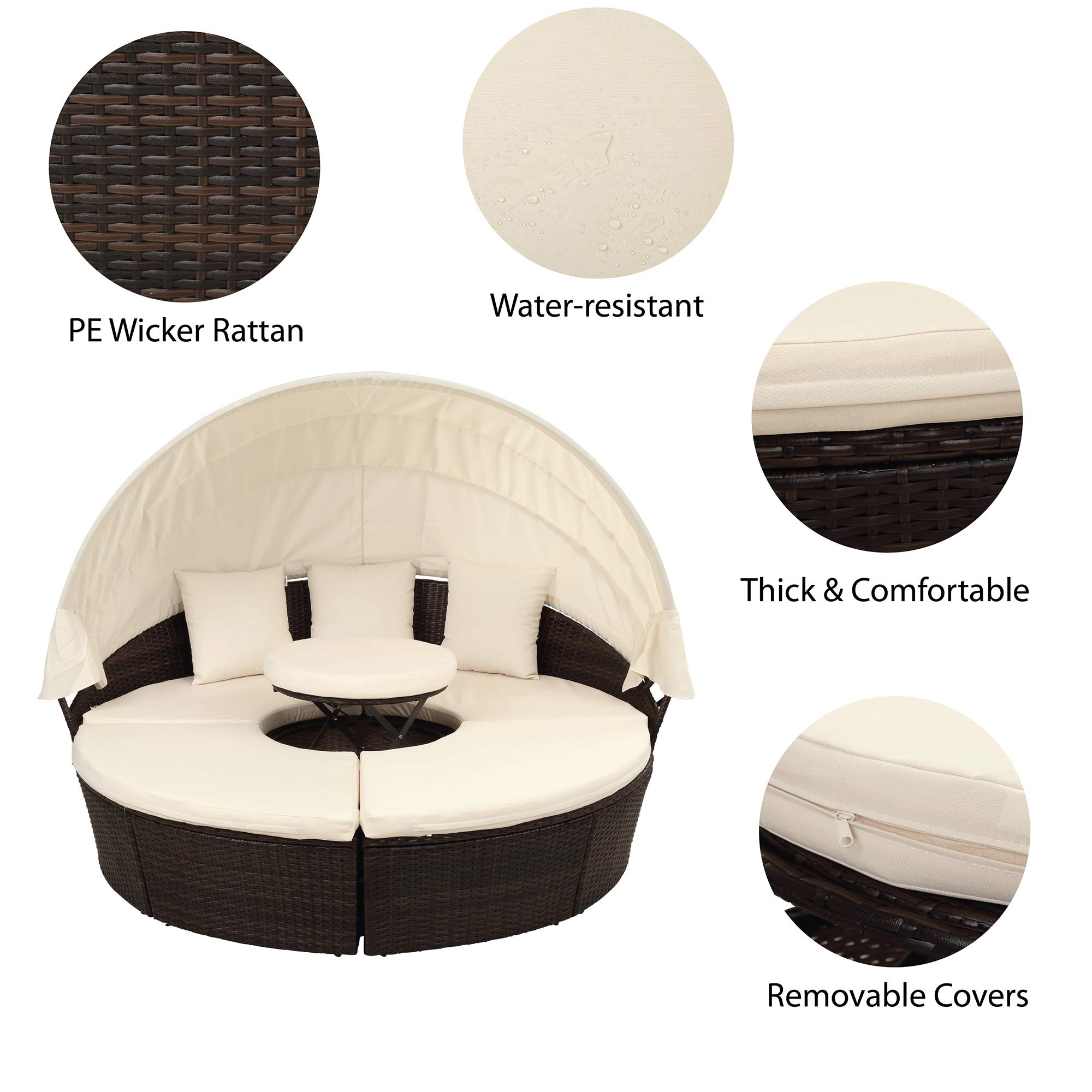 KLMM Outdoor Patio Sectional Sofa Set - Round Rattan Daybed Sunbed with Retractable Canopy, Adjustable Height Table & Footrest (Brown Wicker, Beige Cushion) - Perfect for Backyard, Poolside & Garden Relaxation