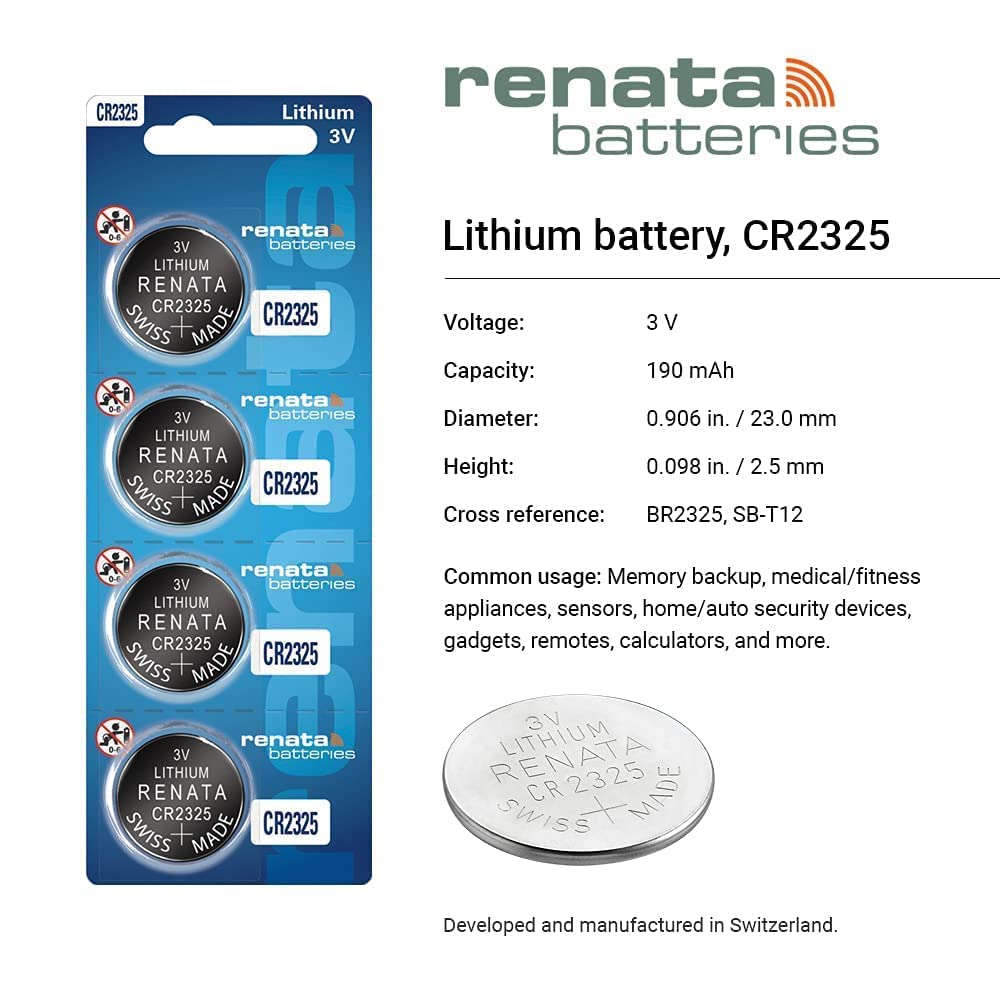 Renata CR2325 3V Lithium Coin Cell Batteries (4 Pack) - Long-Lasting Power for Watches, Calculators, Key Fobs & Medical Devices