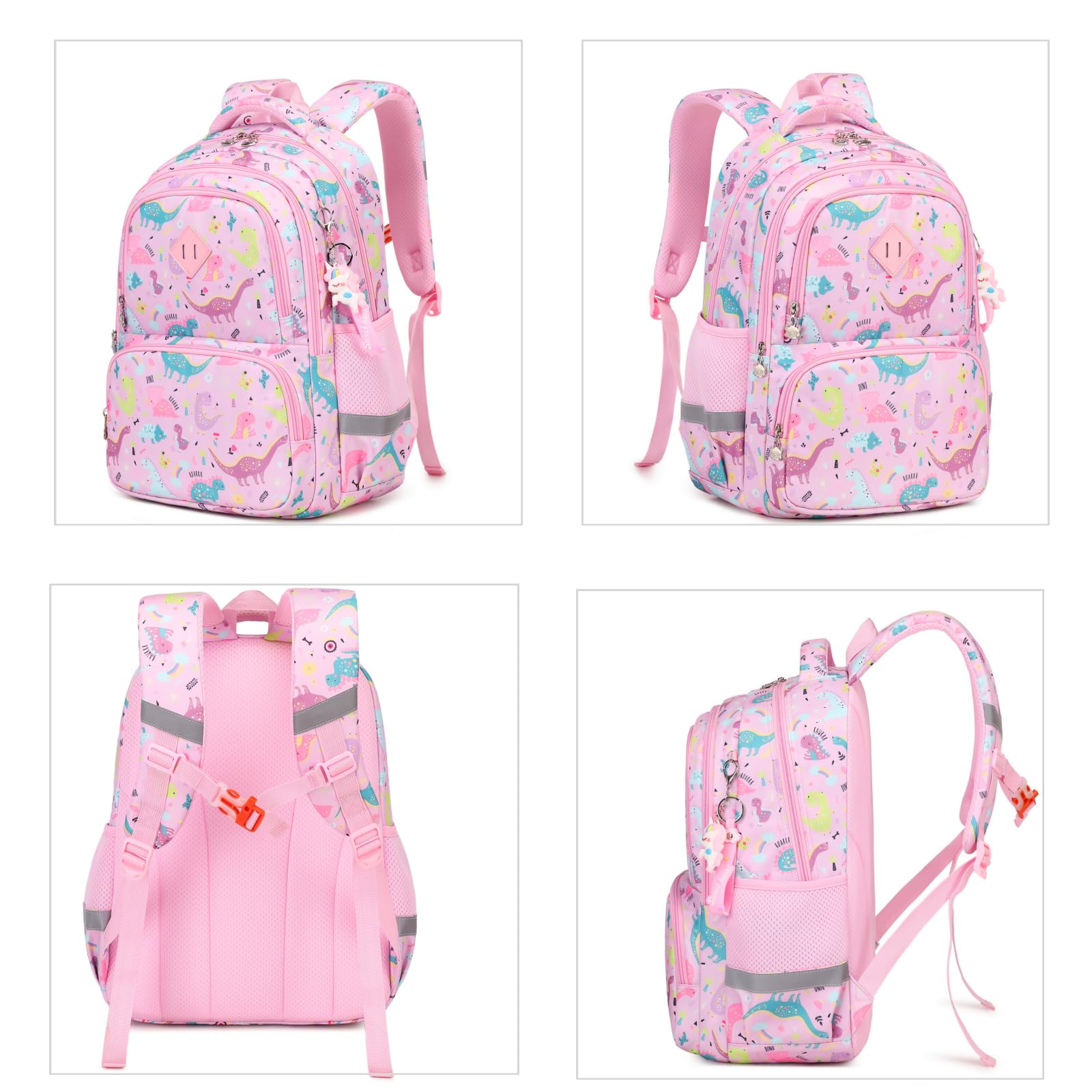 Dinosaur Print Backpack for Girls - Kids School Backpack with Multiple Pockets, Lightweight & Durable for Elementary Students (Pink) - Perfect for School, Travel & Daily Use