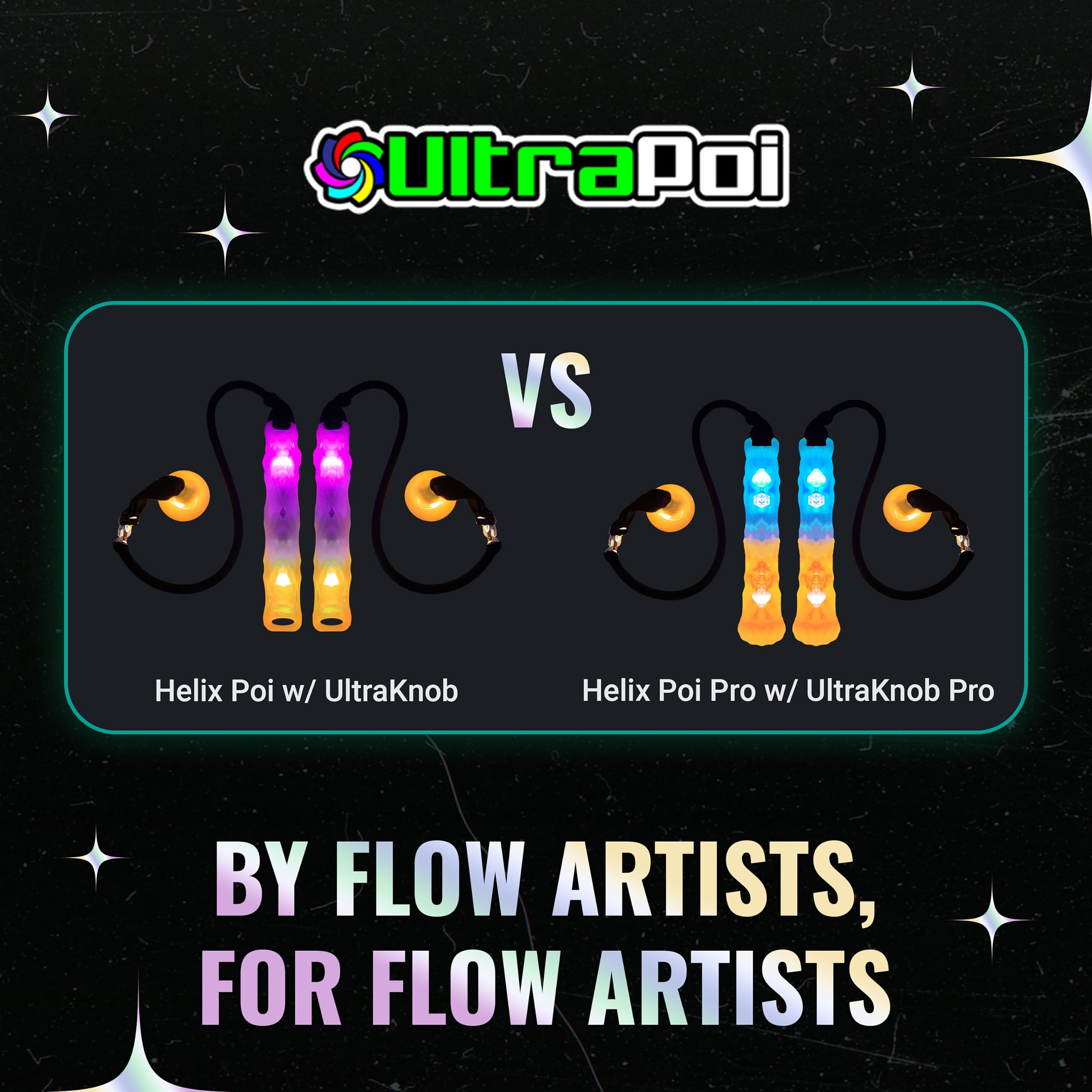 HelixPoi LED Light Up Spinning Set - 70+ Color Modes & Patterns with UltraKnob Handles - Glow Stick Poi with Adjustable Leashes & Durable Carrying Case - Perfect for Fire Dancing, Flow Arts, Festivals & Night Performances