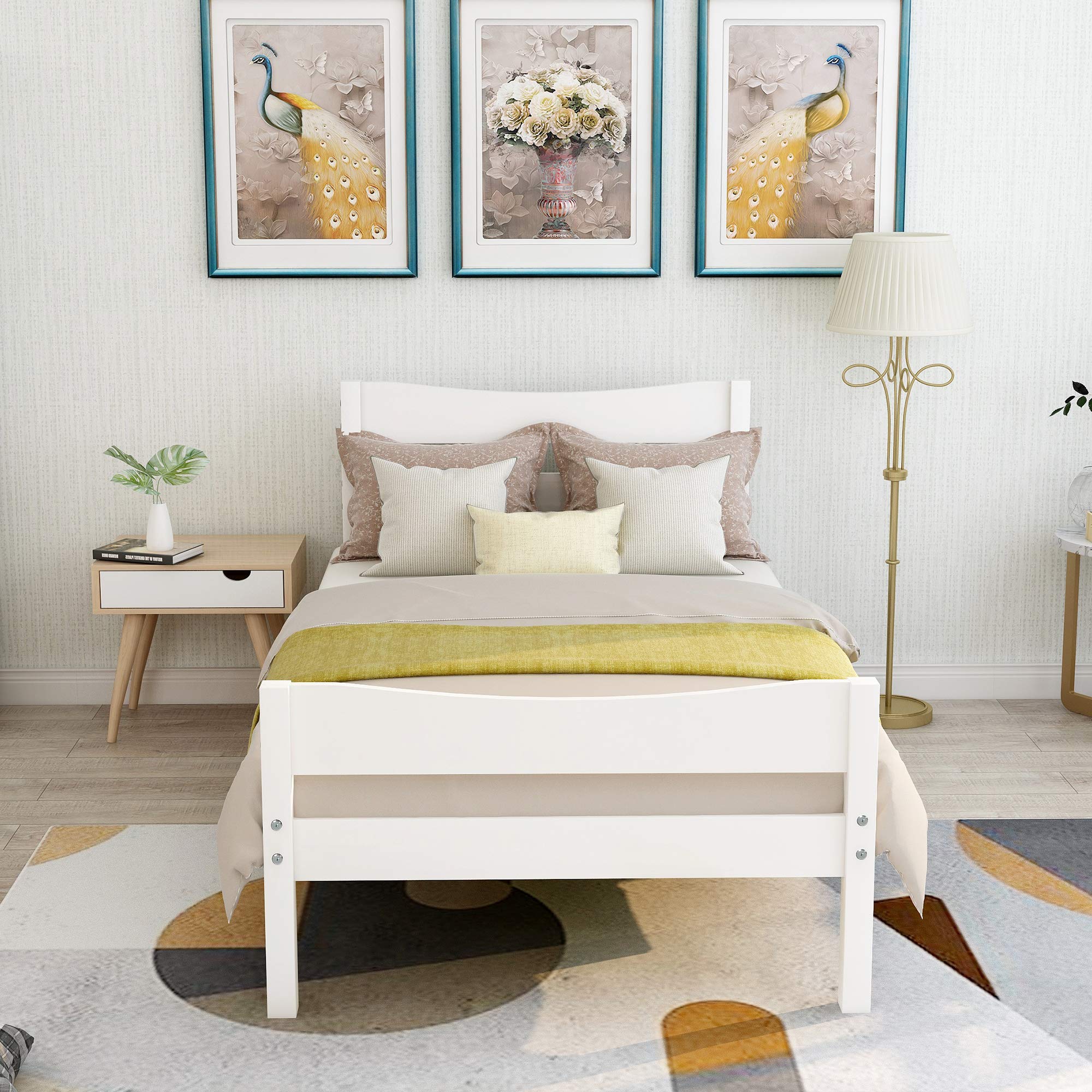 Twin Size Wooden Bed Frame with Headboard & Footboard - No Box Spring Needed, Sturdy Platform Bed for Kids & Teens, White - Perfect for Small Bedrooms, Guest Rooms & Dormitories