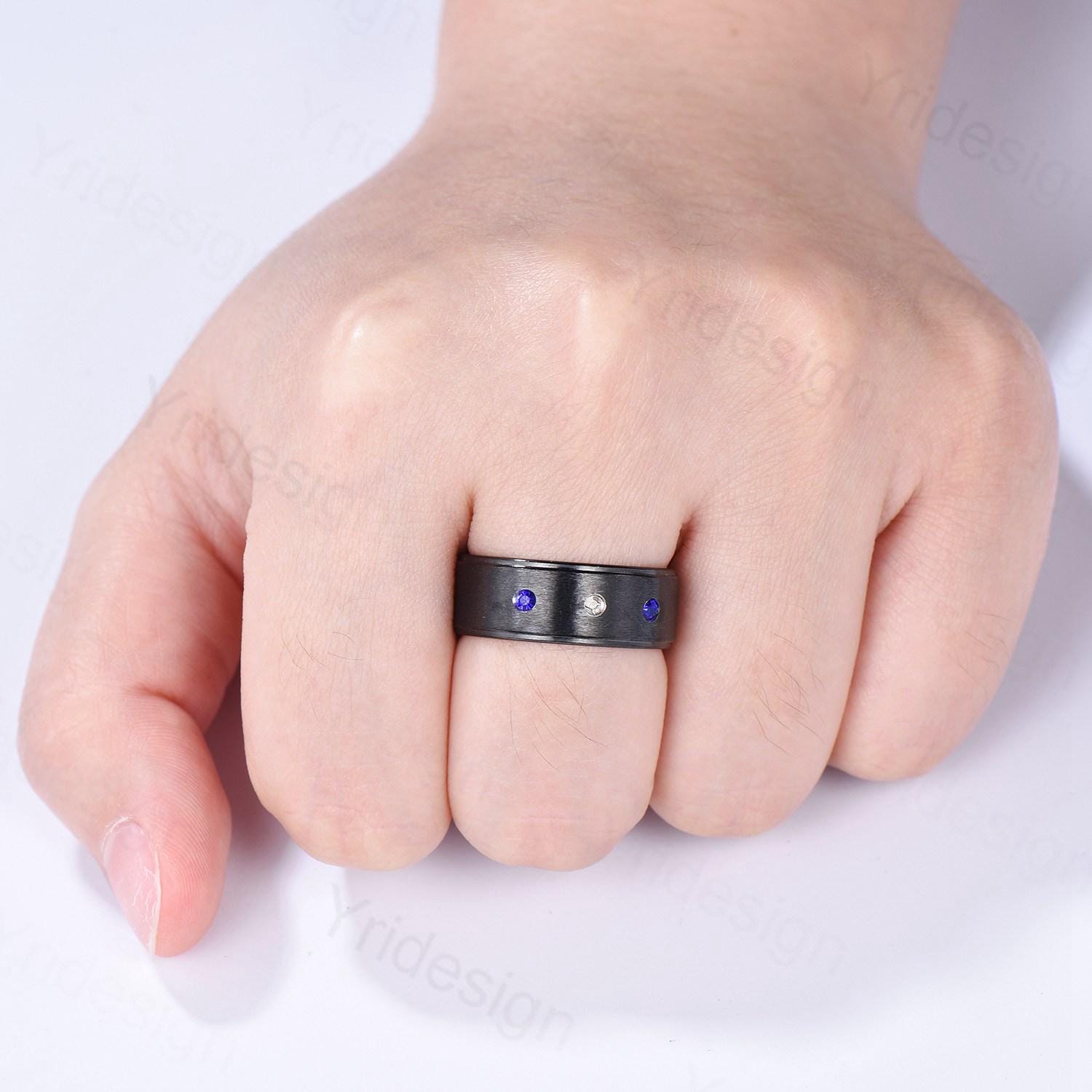 7mm Black Gold Brushed Finish Men's Wedding Band - Three Stone Sapphire & Moissanite Ring for Him - Vintage Stackable Matching Band - Perfect for Anniversaries, Engagements & Special Occasions
