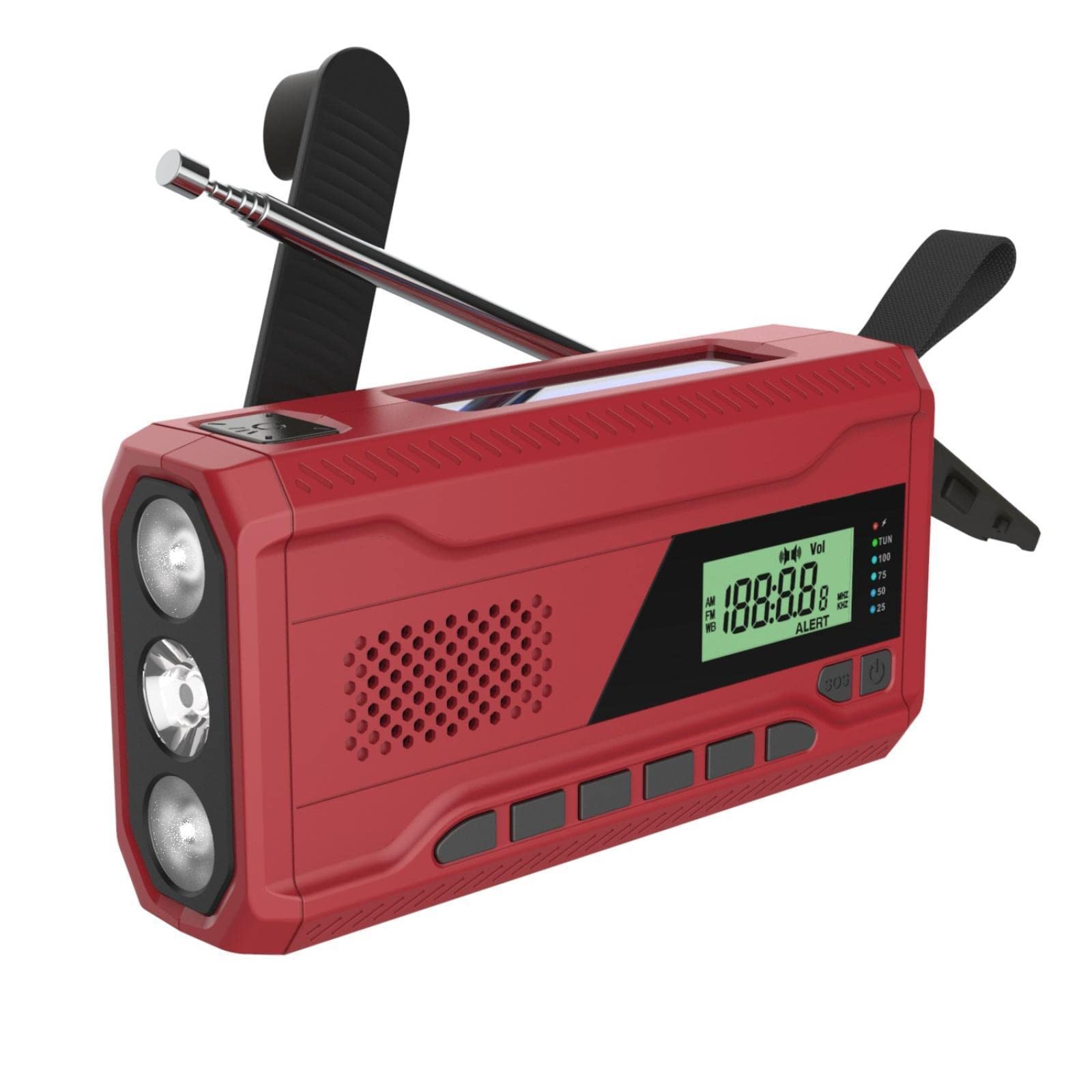 Portable Solar Hand Crank Emergency Radio - AM/FM/DAB Digital Radio with USB Rechargeable Battery, Flashlight & Weather Alert - Perfect for Outdoor Camping, Hiking & Emergency Preparedness (Red)