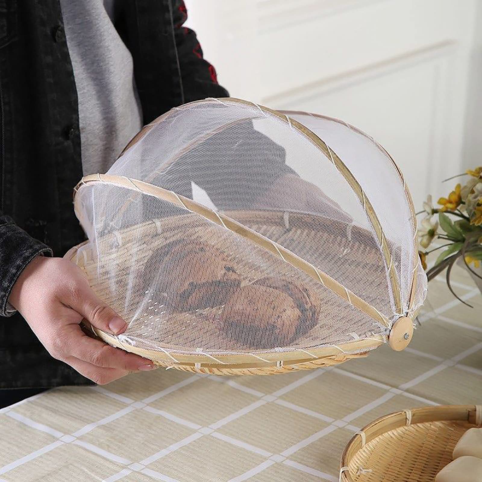12 Inch Round Bamboo Food Storage Basket with Mesh Cover - Dustproof Hand-Woven Picnic Container for Vegetables, Fruits & Bread | Perfect for Outdoor Parties, Camping & Picnics