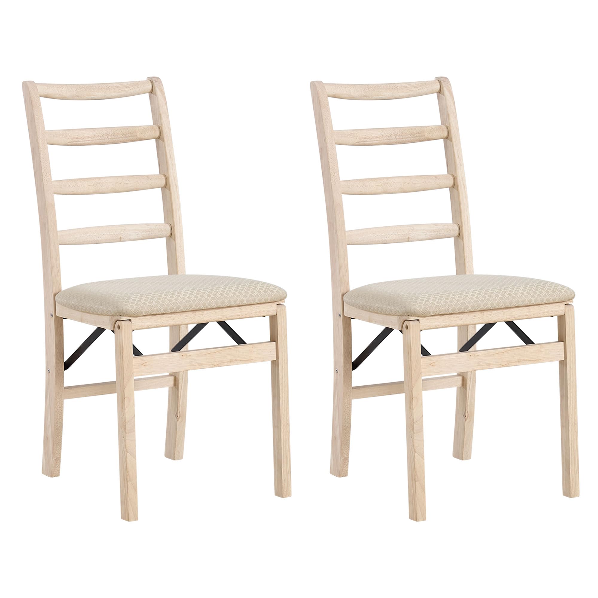 Premium Solid Wood Folding Dining Chair Set of 2 - MECO Stakmore Shaker Ladderback Design with Fabric Padded Seat - Unfinished Wood Finish - Perfect for Small Spaces, Kitchen Nooks & Extra Seating at Parties
