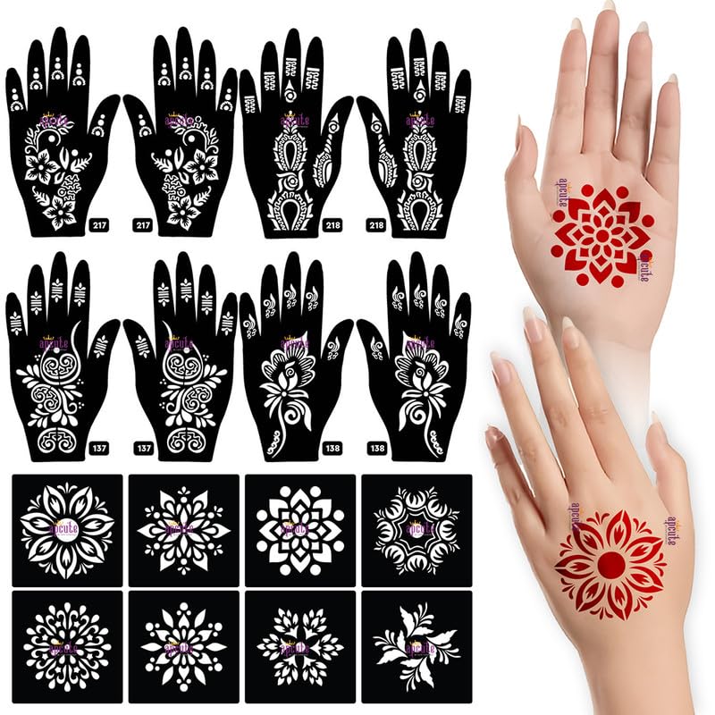 Apcute 18-Piece Henna Stencil Sticker Set for Hands - Easy DIY Temporary Tattoo Designs for Women, Girls & Kids - Perfect for Weddings, Festivals & Body Art Parties (18PC-217-218-137-138)