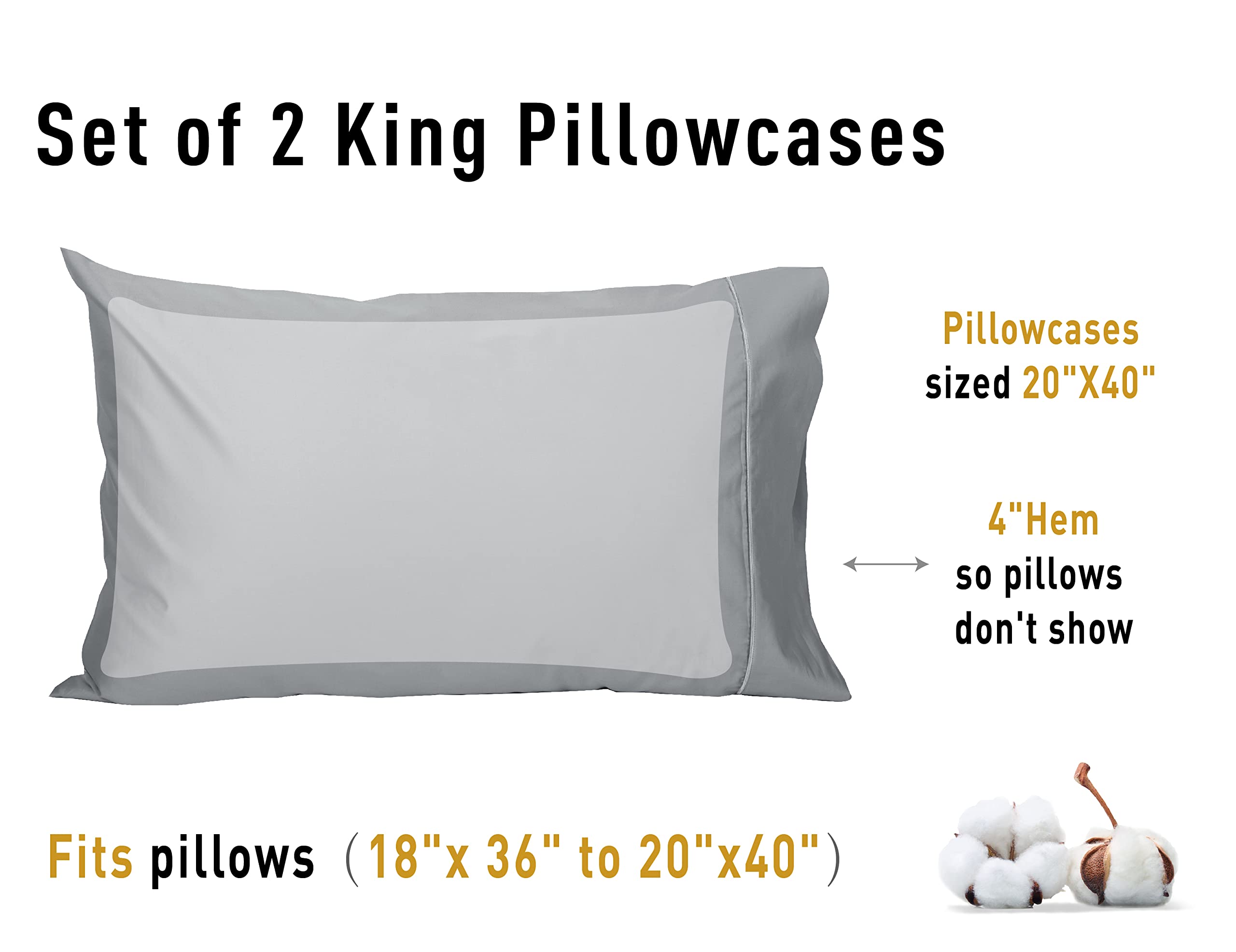 Premium King Size Sunflower Pillowcases Set of 2 - 100% Cotton 20x40 Inches with Silver Trim - Soft Breathable Bedding for Home Decor & Guest Rooms - Ultimate Gray Luxury Pillow Covers for Master Bedroom & Cozy Living Spaces