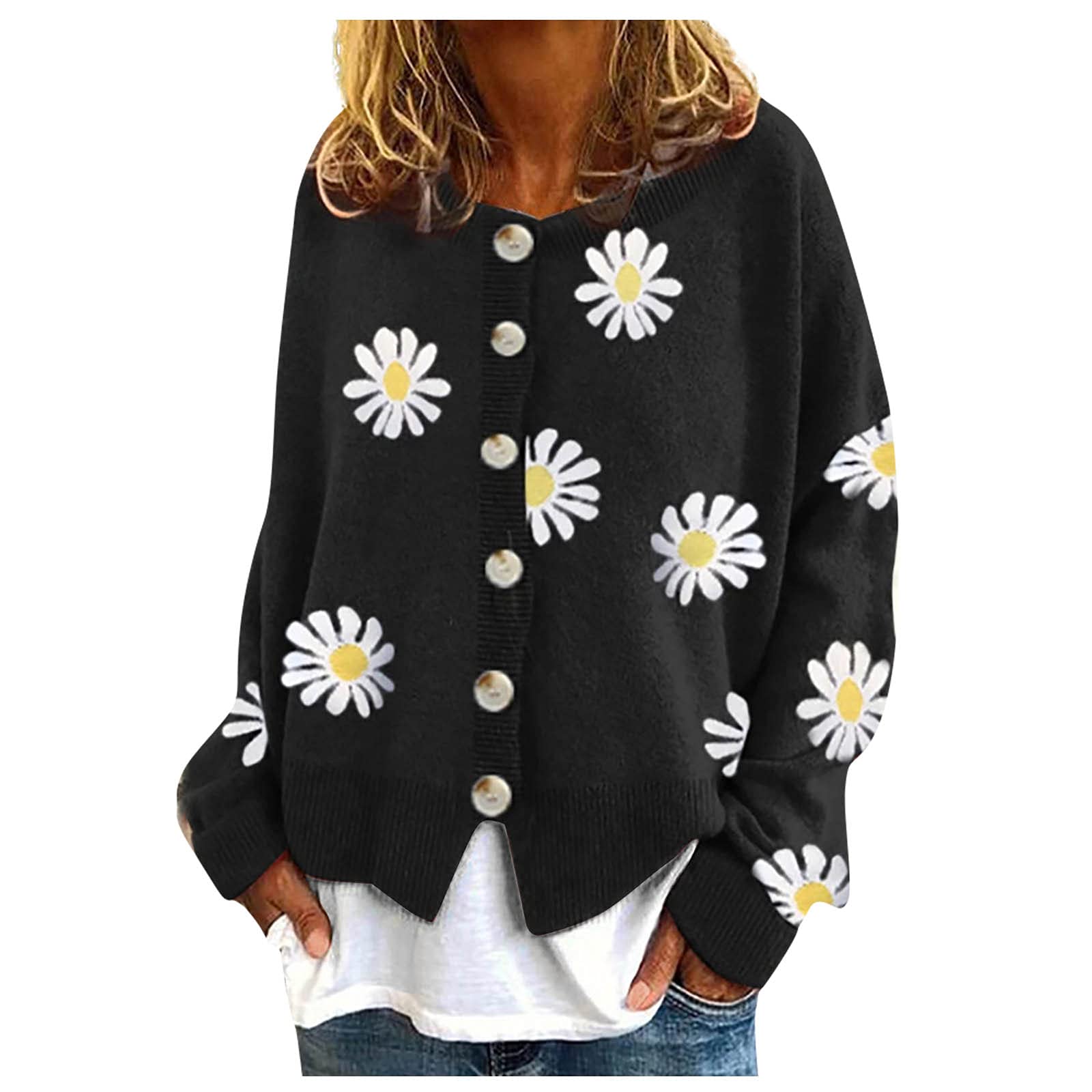 Vintage Daisy Print Knitted Cardigan Sweater for Women - Long Sleeve Button Up Cozy Pullover (Perfect for Fall Fashion, Office Wear & Casual Outfits)