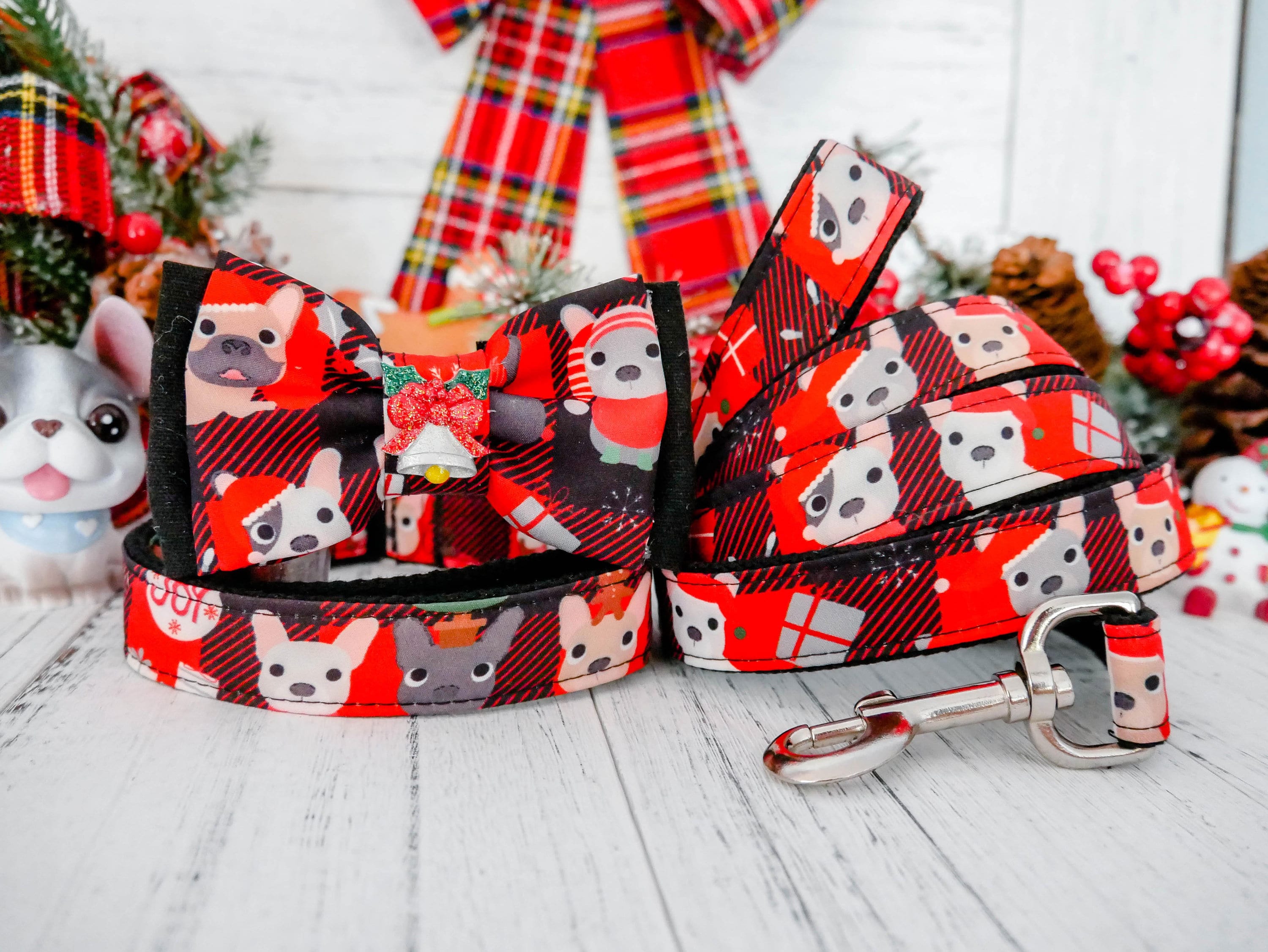 Christmas Plaid Dog Harness Set for French Bulldogs - Adjustable & Comfortable Pet Vest for Walking, Training, and Outdoor Adventures
