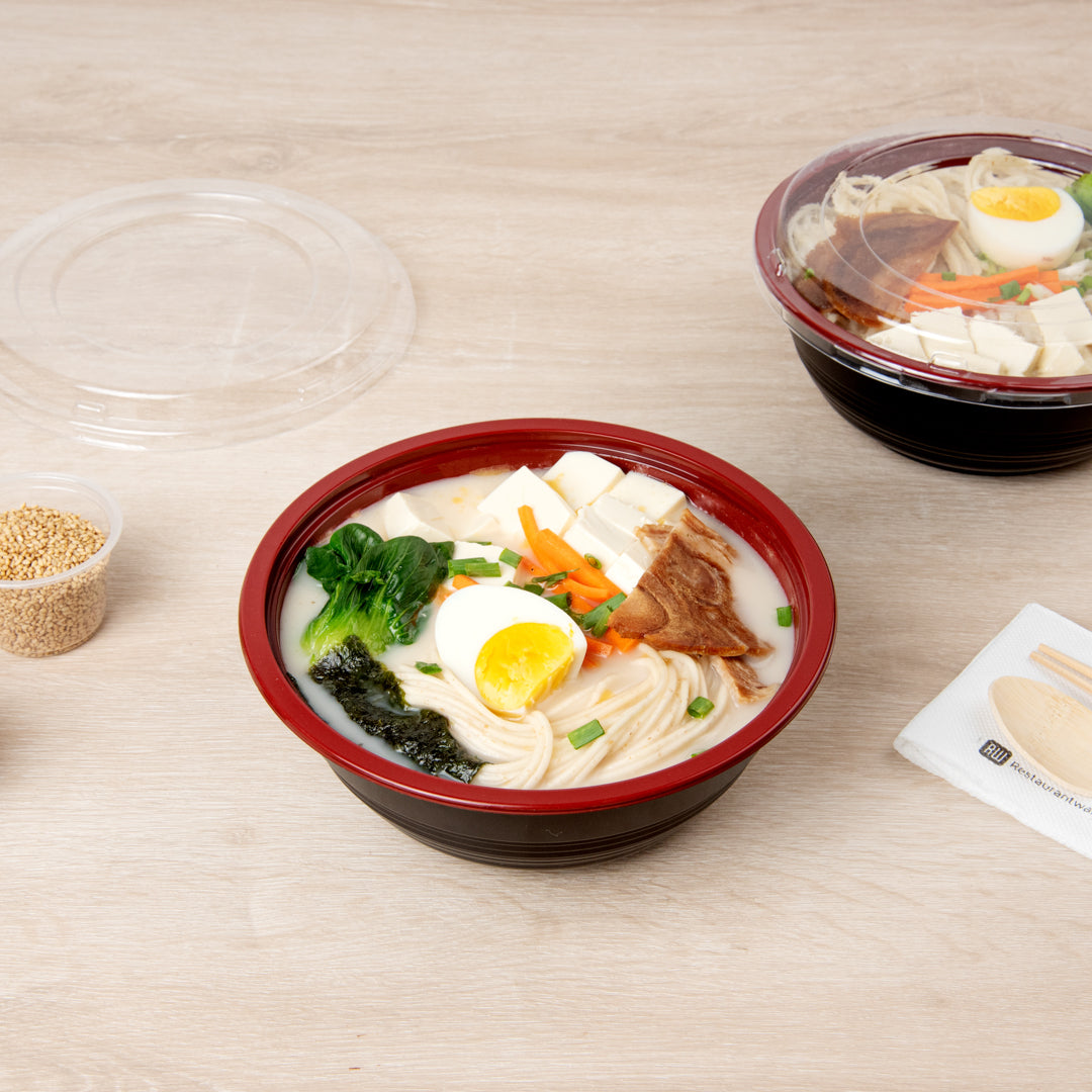 34oz Large Asian Panda Bowl with Clear Lid - Round Black & Red Plastic Microwave Safe Food Container (7.25