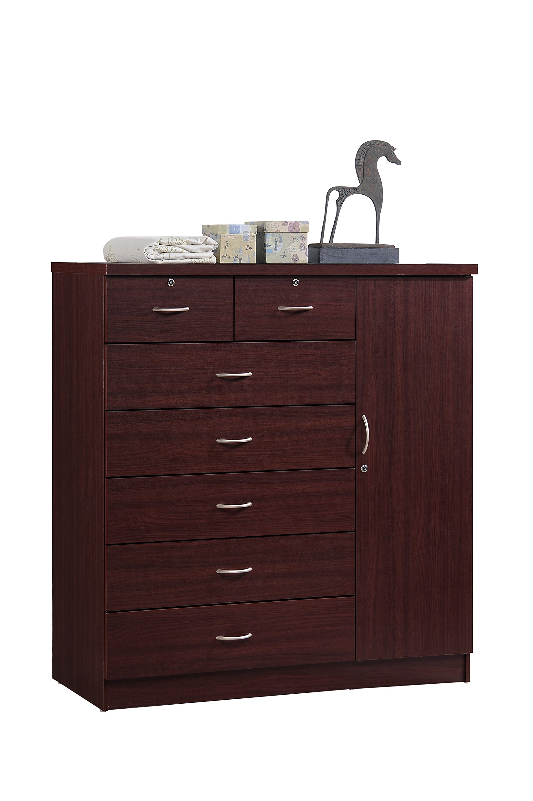 Hodedah 7-Drawer Jumbo Chest Organizer - 5 Large & 2 Small Drawers with Lock, Hanging Rod & 3 Shelves - Mahogany Finish (17.76