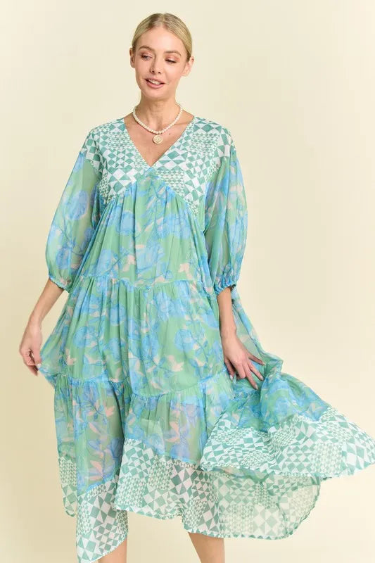 Floral Print Mixed Mint Green Tiered Midi Dress for Women - Summer Boho Chic Casual Outfit for Beach, Party & Vacation