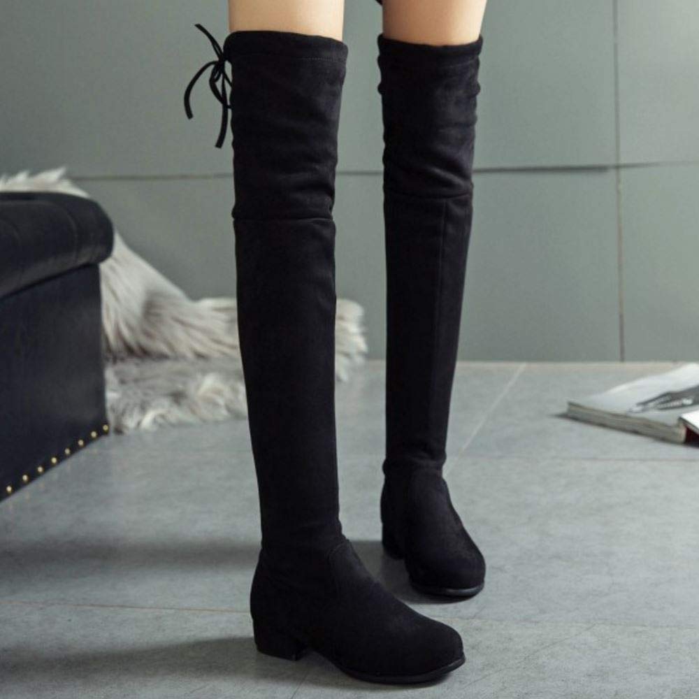 Women's Fashion Block Low Heel Thigh High Boots - Pull On Style, Wide Width & Extended Sizes - Perfect for Winter Outfits, Date Nights and Office Wear