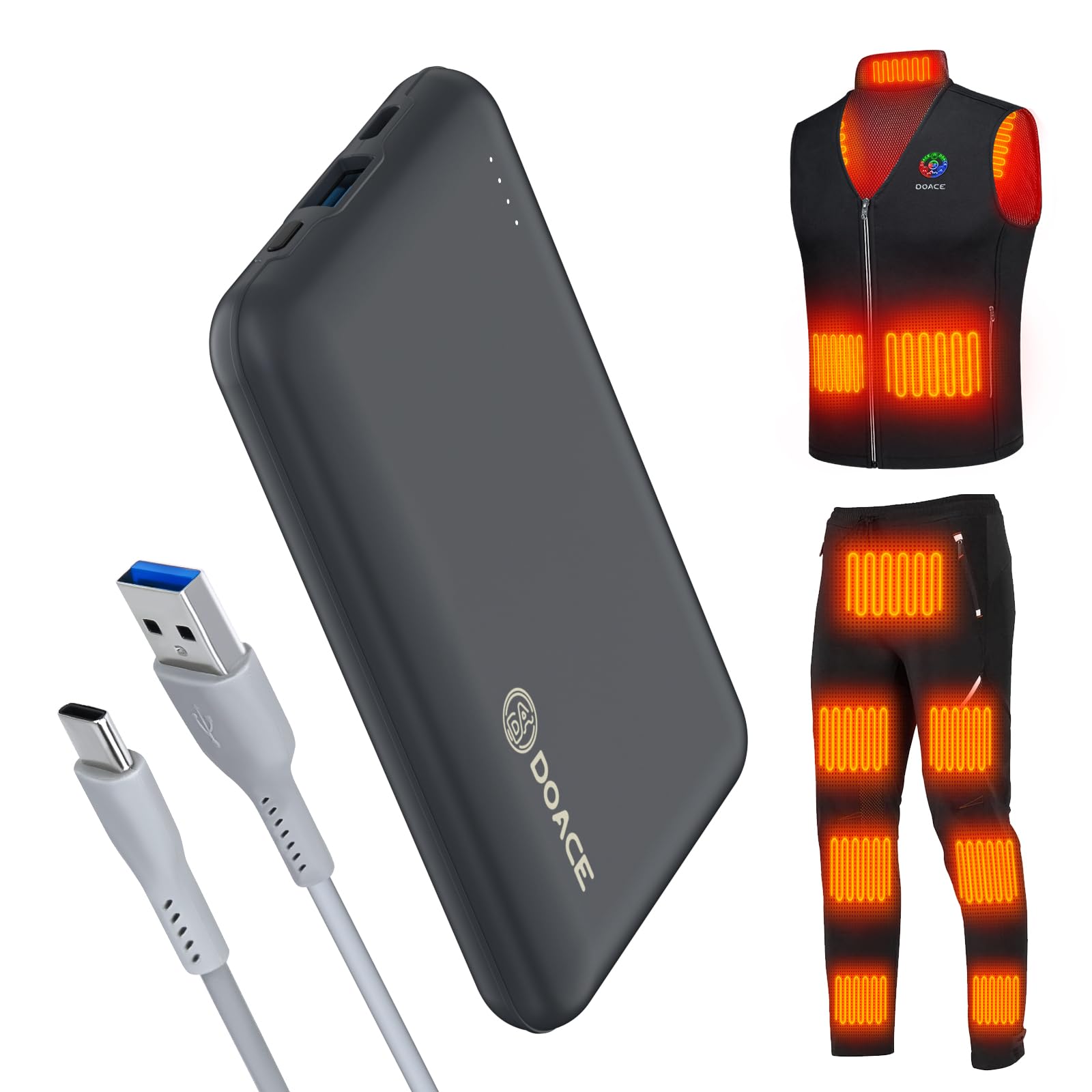 DOACE 10000mAh Portable Power Bank for Heated Clothing - 5V/3A USB-C Fast Charging Battery Pack for Heated Vests, Jackets, Pants & Scarves | Compatible with iPhone 14/13 Series | Perfect for Outdoor Work, Skiing & Winter Sports (Gray)
