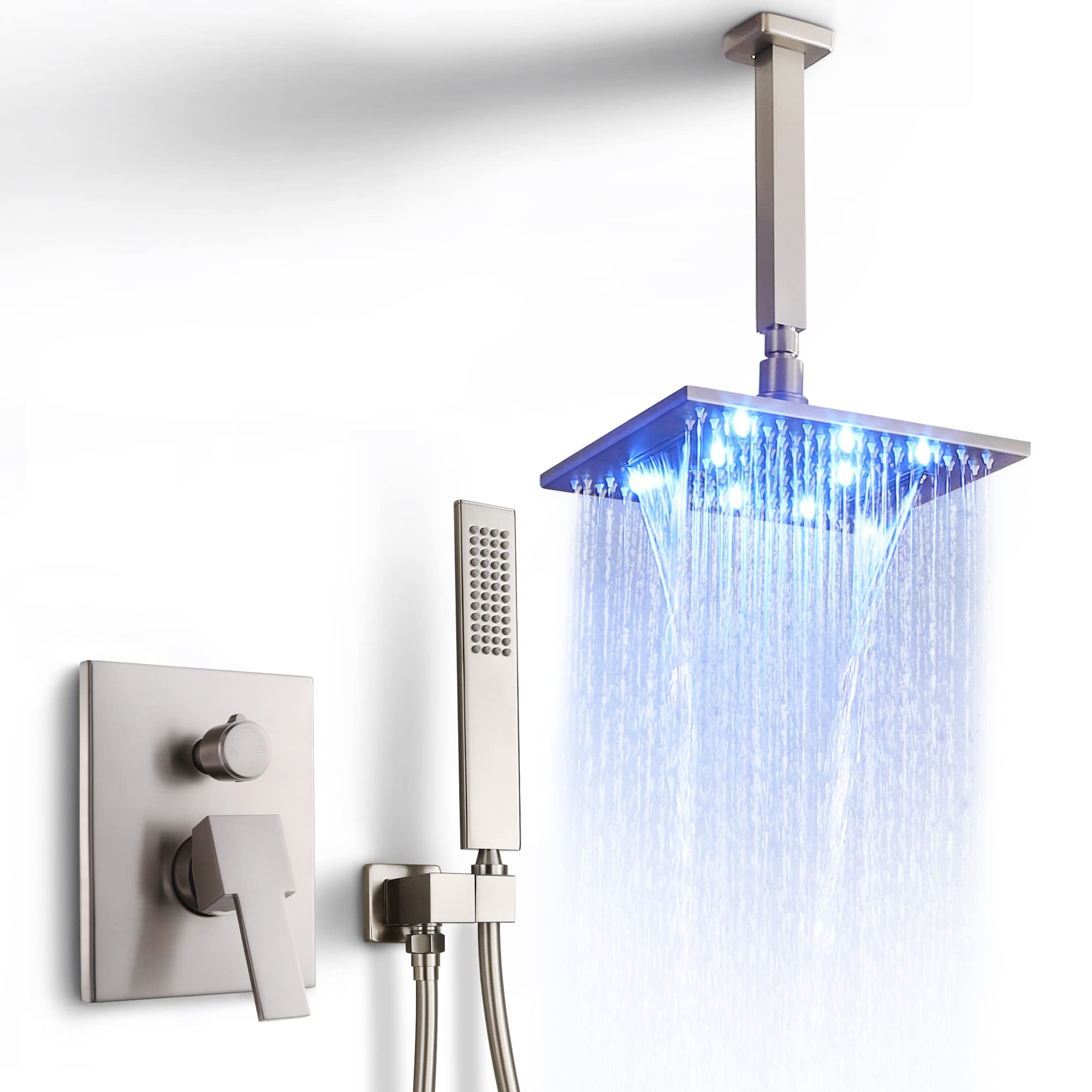 SKOWLL 10 Inch Rainfall Shower Faucet System - Ceiling Mount LED Shower Head Kit with Overhead Shower Set in Brushed Nickel Finish - Perfect for Modern Bathroom & Spa Experience
