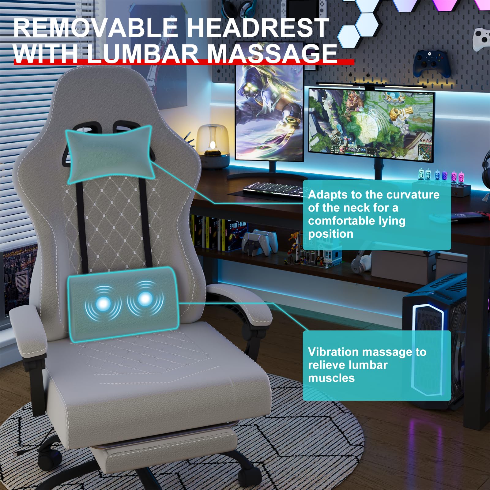 Devoko Ergonomic Gaming Chair with Lumbar Support & Footrest - 360° Swivel, Massage Function, 150kg Weight Capacity - Perfect for PC Gaming, Office Work & Home Use (Grey)