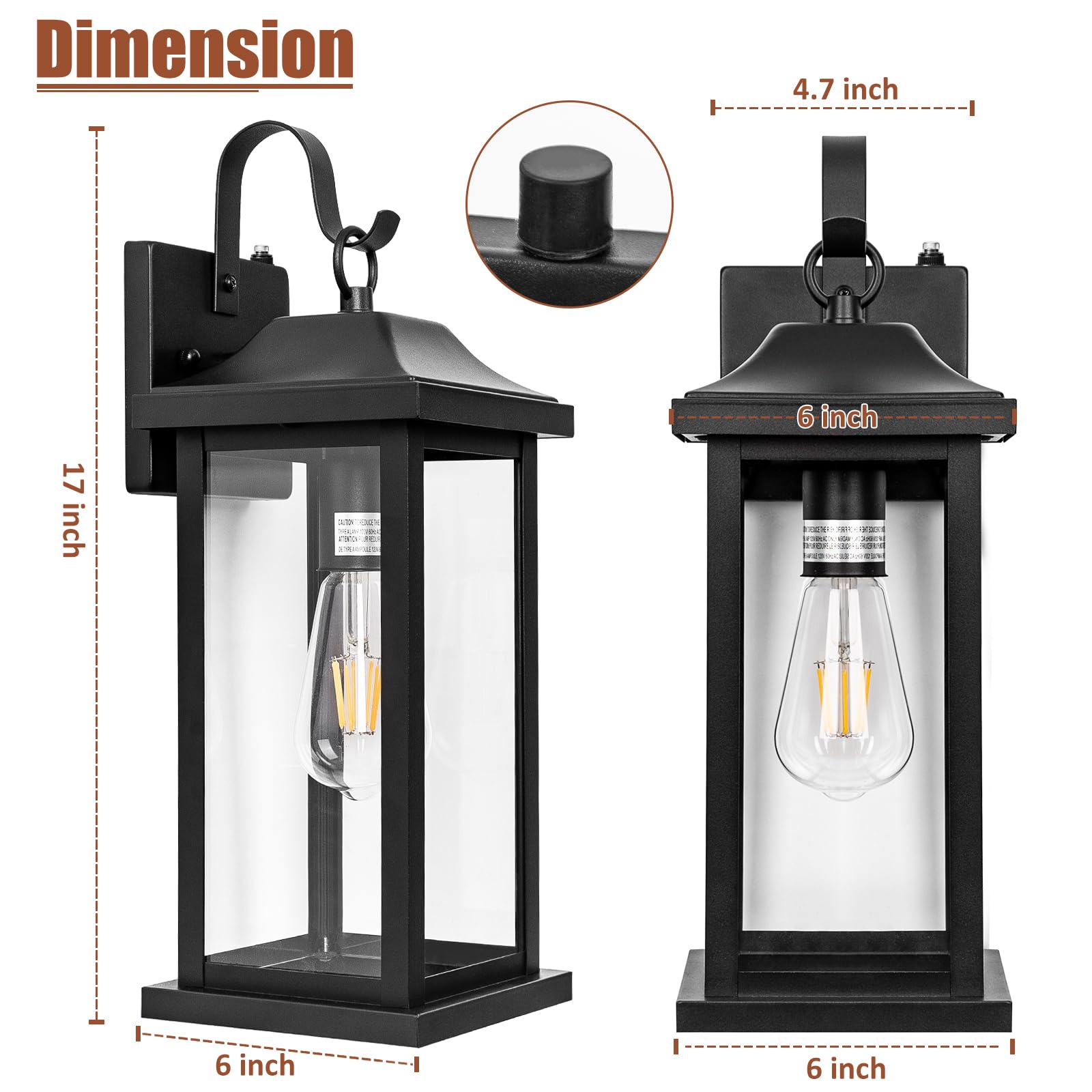 2-Pack 17 Inch Dusk to Dawn Outdoor Wall Lights, Waterproof IP65 Exterior Porch Lights with Tempered Clear Glass, Matte Black Anti-Rust Wall Sconces - Perfect for Patio, Garden, Garage & Entryway Lighting