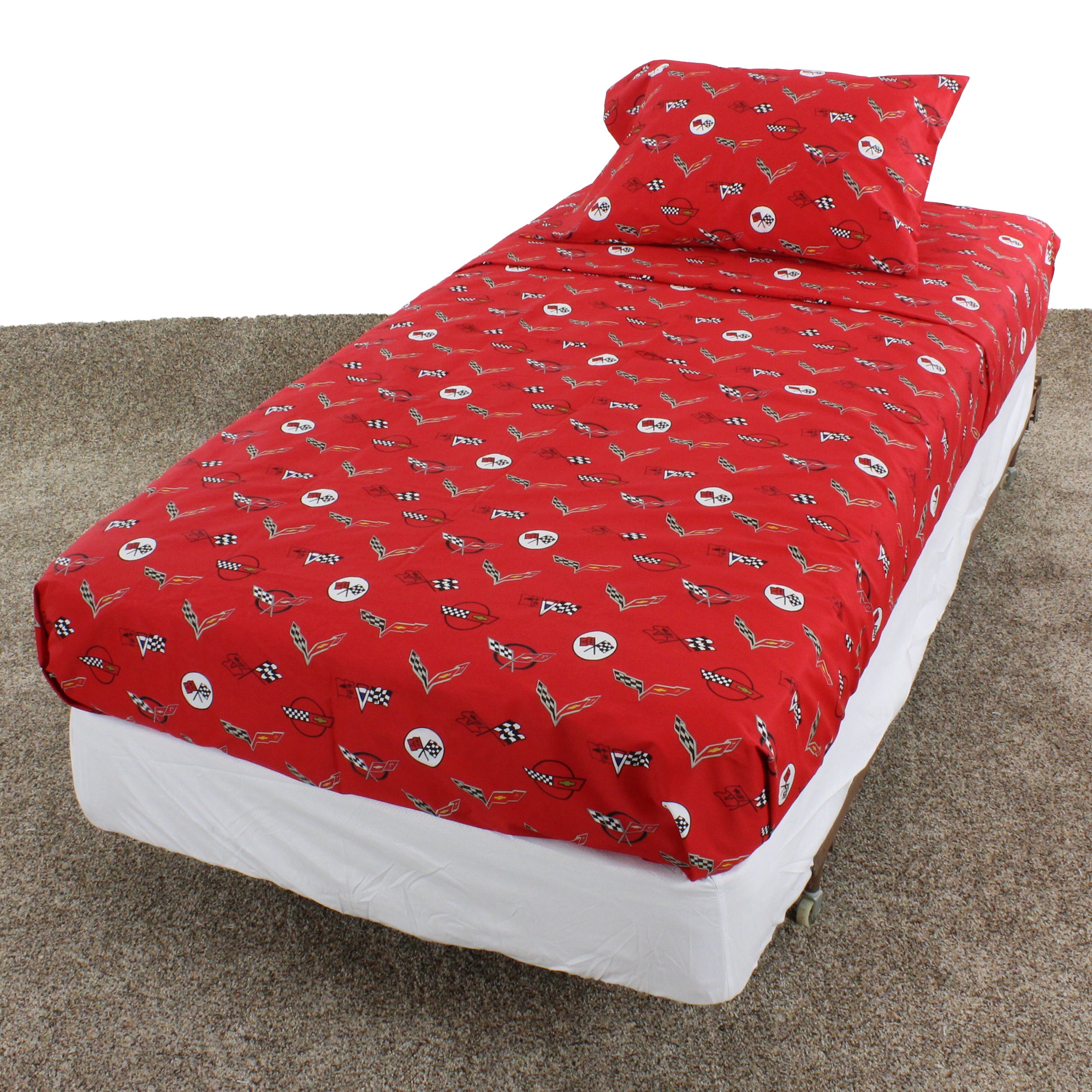 Corvette Queen Size 4-Piece Sheet Set - Red Bedding with 1 Flat Sheet, 1 Fitted Sheet & 2 Pillowcases - Soft Luxury Bed Sheets for Sports Car Enthusiasts & Home Decor