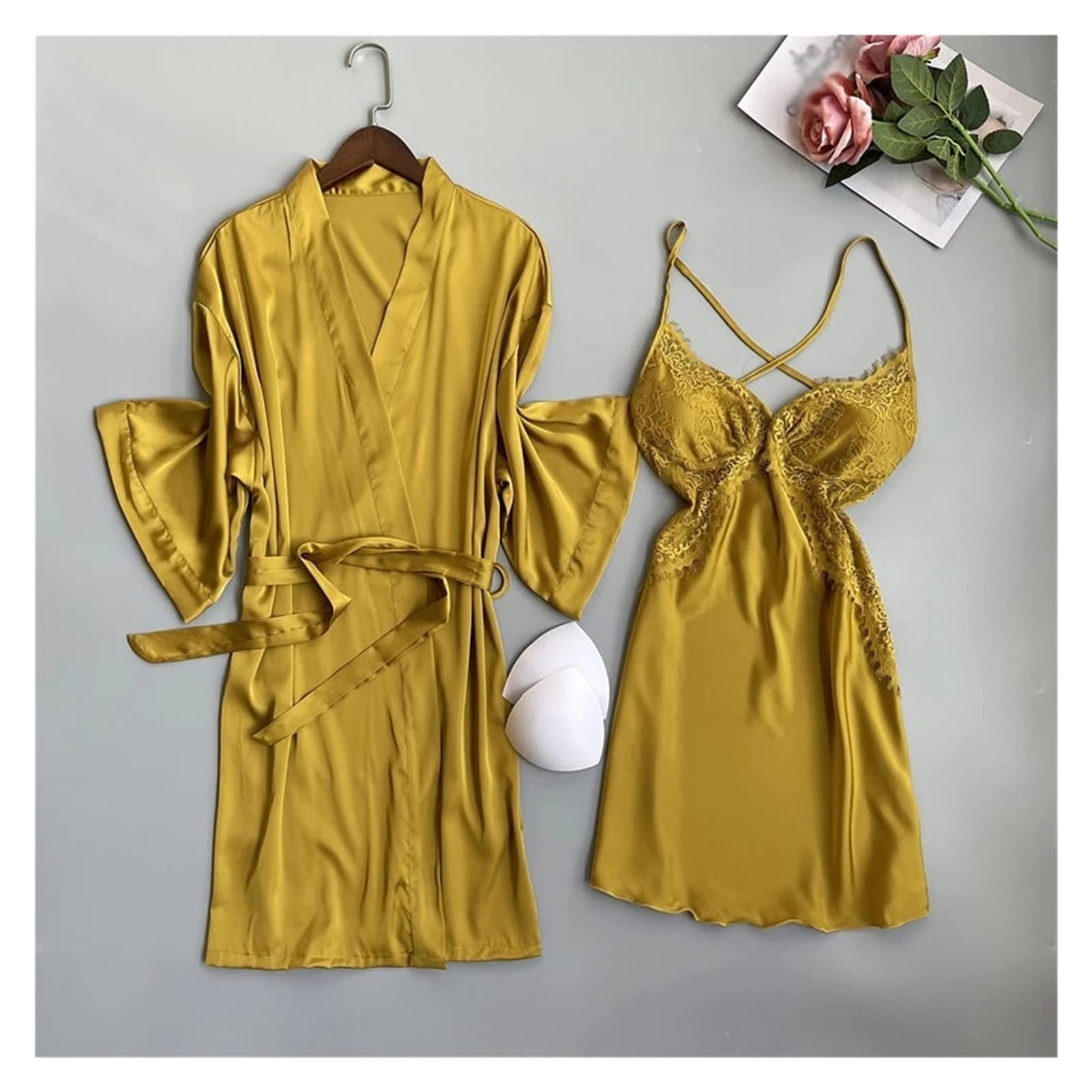XWWDP Women's Satin Silk Pajama Set with Lace Patchwork - Summer Nightgown, Robe & Underwear (Yellow, Size L) - Perfect for Sleepwear, Loungewear & Bridal Shower Gifts